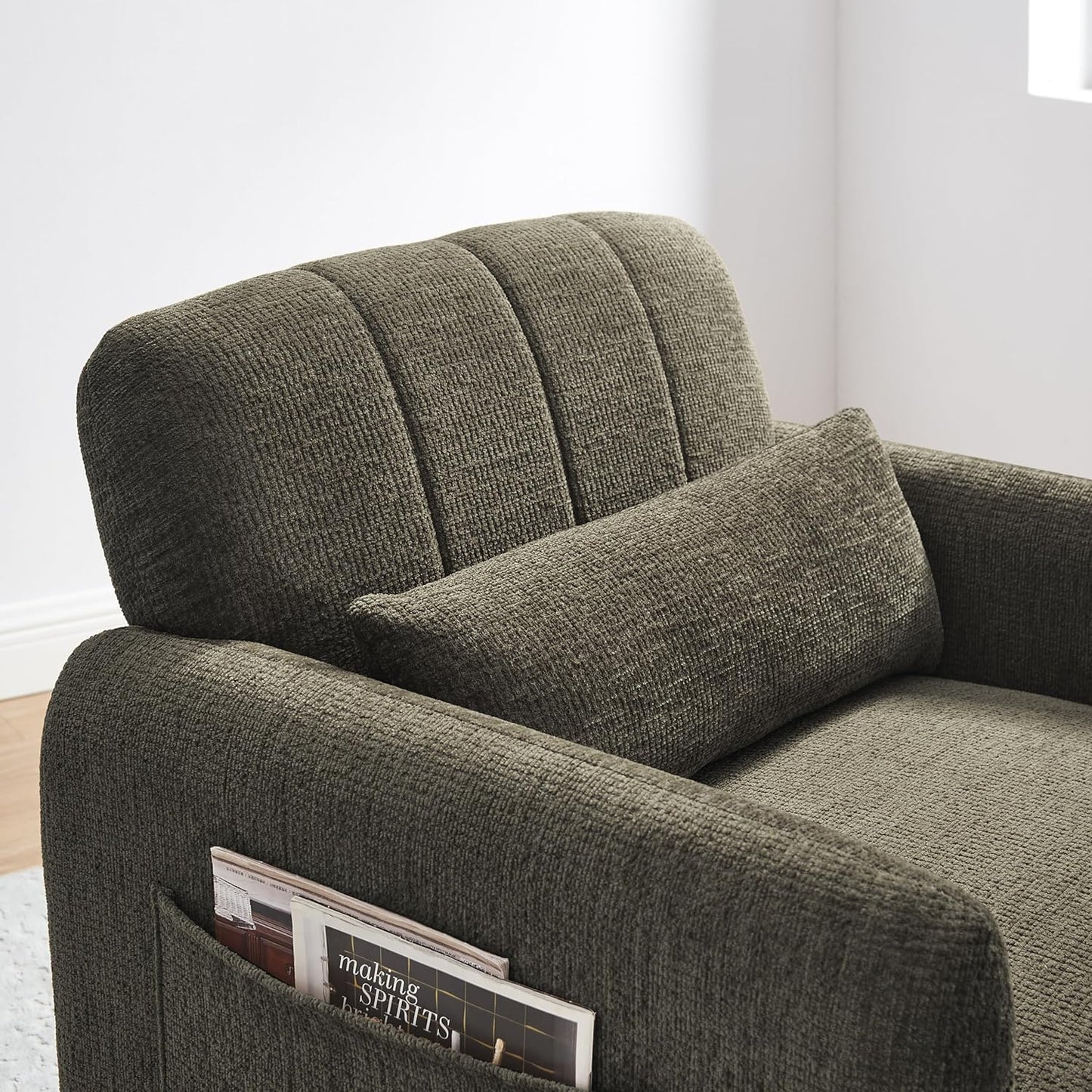 VKNOW Accent Chair Living Room Chair, Modern Fabric Chenille Armed Chair, Comfy Upholstered Armchair with Support Pillow for Living Room Bedroom Office, Light Brown