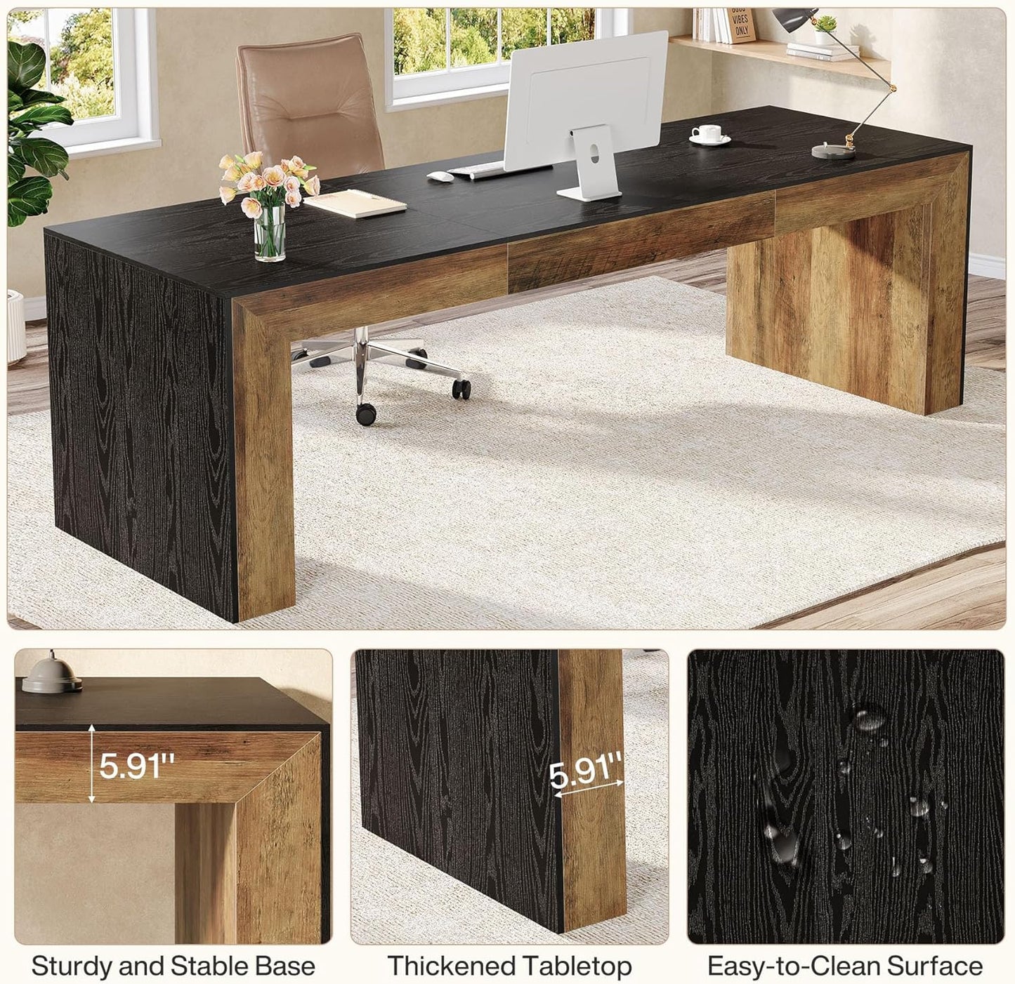 Tribesigns 86.6-Inch Long Computer Desk for 2 People, Farmhouse Executive Desk with Wooden Desktop and Legs, Large Workstations Writing Table Gaming Table for Home Office, Heavy Duty, Black + Brown