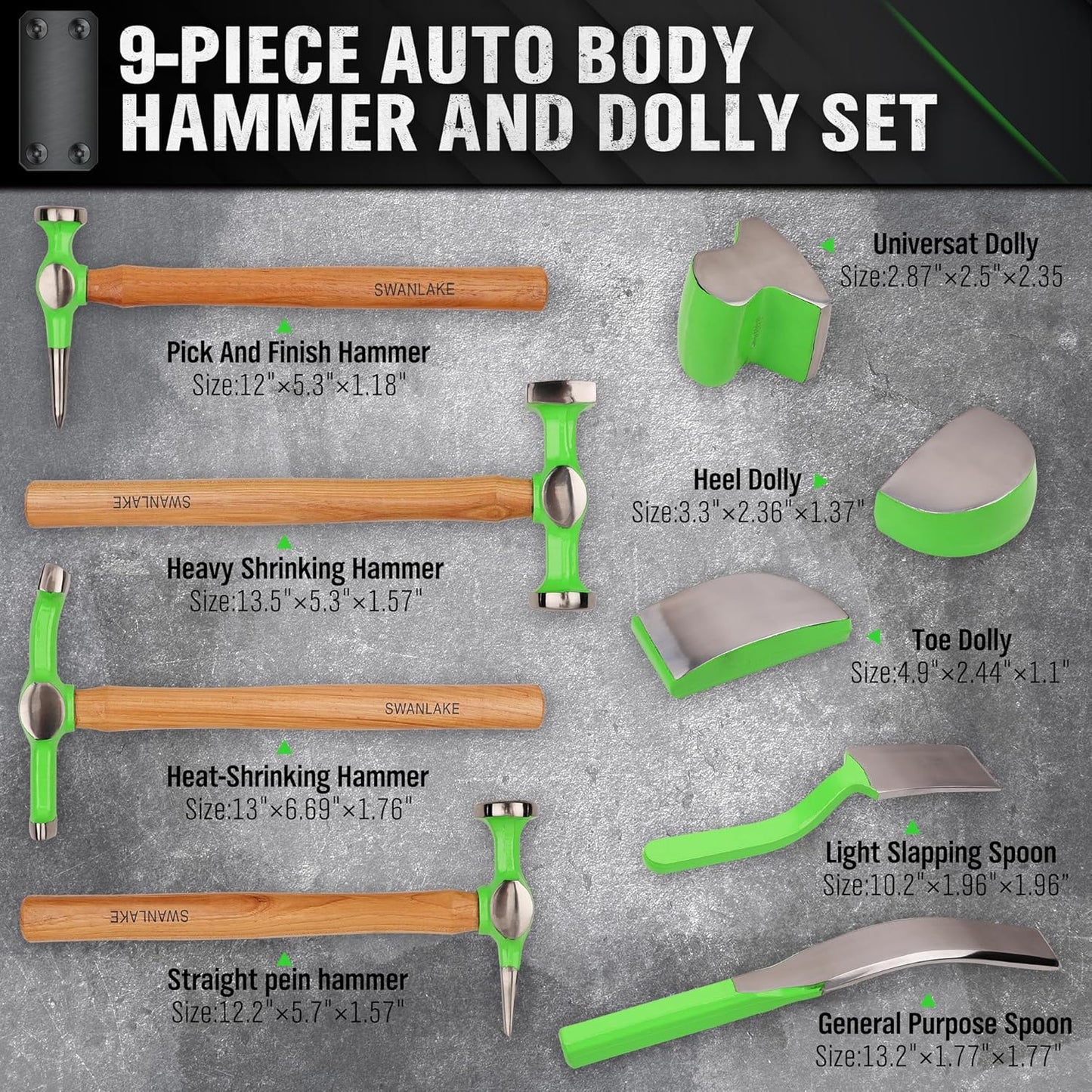 SWANLAKE GARDEN TOOLS 9Pcs Auto Body Hammer and Dolly Set, Heavy Duty Car Body Dent Repair Tool Kit with Carrying Case, Wood Handles, Performance Carbon Steel Hammers and Dollies Set, Fender Tool Set