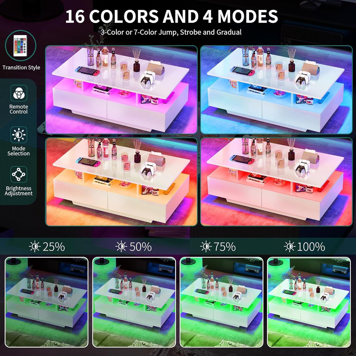 YITAHOME LED Coffee Tables for Living Room, High Glossy Coffee Table with Storage 4 Sliding Drawers, Small Rectangular LED Coffee Table Center Table with Open Display Shelf, Glossy White