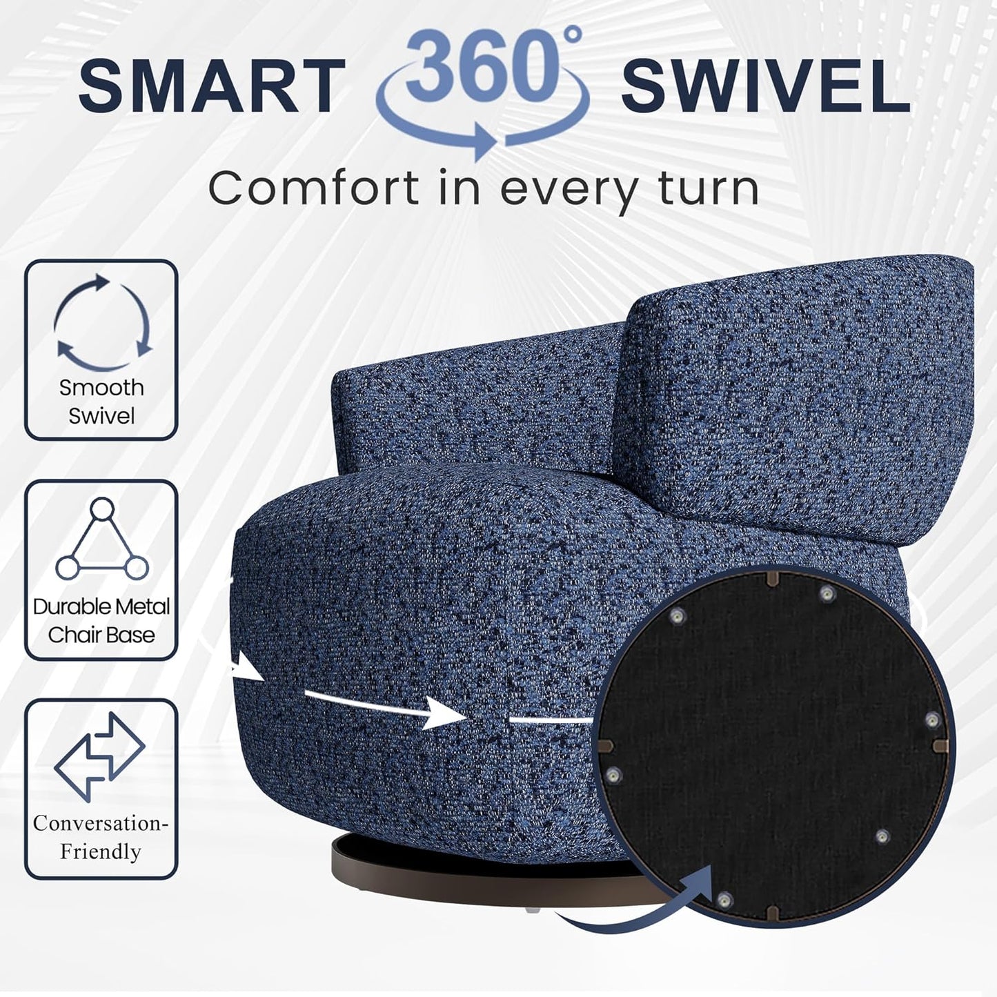 Swivel Accent Chair, Fully Assembled Round Barrel Chairs, Oversized Upholstered Armchair with 360-Degree Base, Modern Club Chair for Living Room, Bedroom, Office, Blue