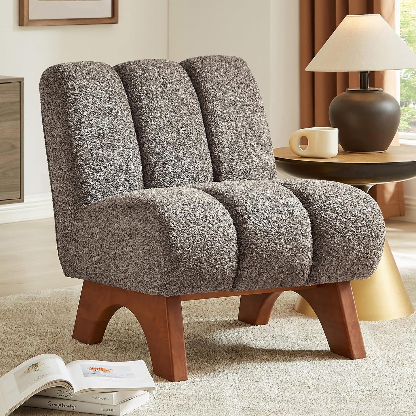 Art Leon Modern Accent Chair, Sherpa Fabric Modular Single Sofa Chair, Armless Chair with Wooden Legs for Living Room Bedroom, Green