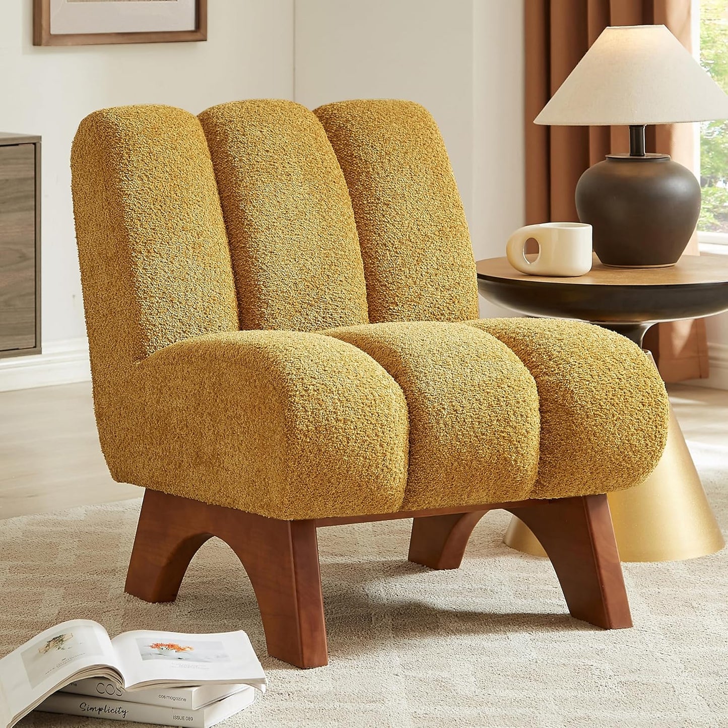 Art Leon Modern Accent Chair, Sherpa Fabric Modular Single Sofa Chair, Armless Chair with Wooden Legs for Living Room Bedroom, Green