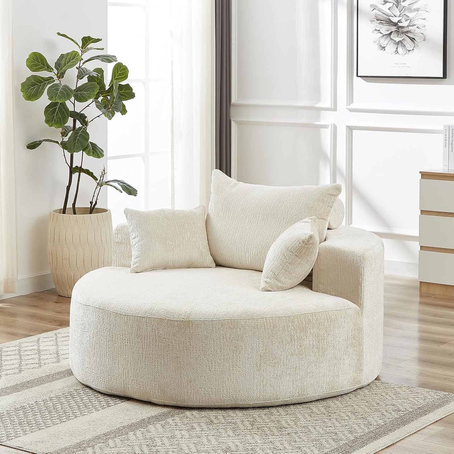 Ball & Cast 55" Oversized Accent Chair, Modern Chenille Single Sofa Sleeper with Wide Armrest and Pillows, Round Lounger Chair for Living Room, Bedroom,Projection Room,No Assembly Required,Beige