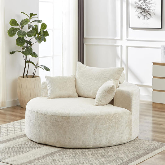 Ball & Cast 55" Oversized Accent Chair, Modern Chenille Single Sofa Sleeper with Wide Armrest and Pillows, Round Lounger Chair for Living Room, Bedroom,Projection Room,No Assembly Required,Beige