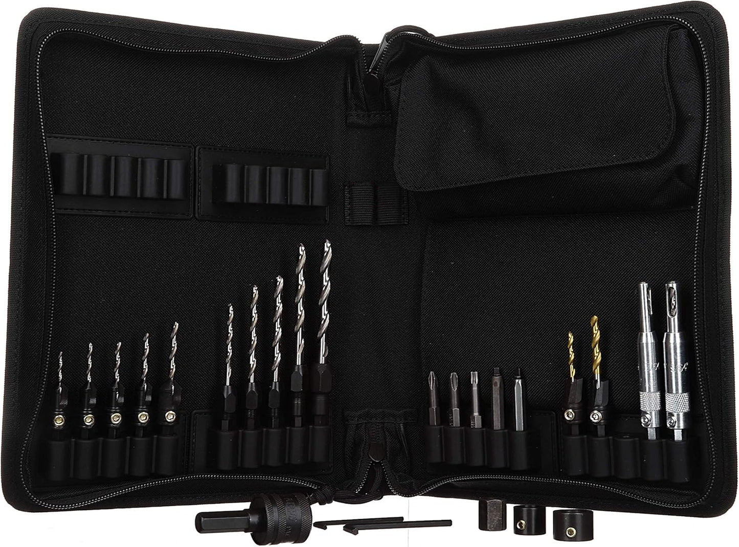 Snappy Tools Deluxe Tool Book, Maker's Edition, 5-Pc. Countersinks, 5-Pc. Drill Adapters, 5-Pc. Hinge Bits, 5-Pc. Driver Bits, 3-Pc. Plug Cutters, 3-Pc. Counterbores, 1-Pc. Stop Collar, 1-Pc. Chuck