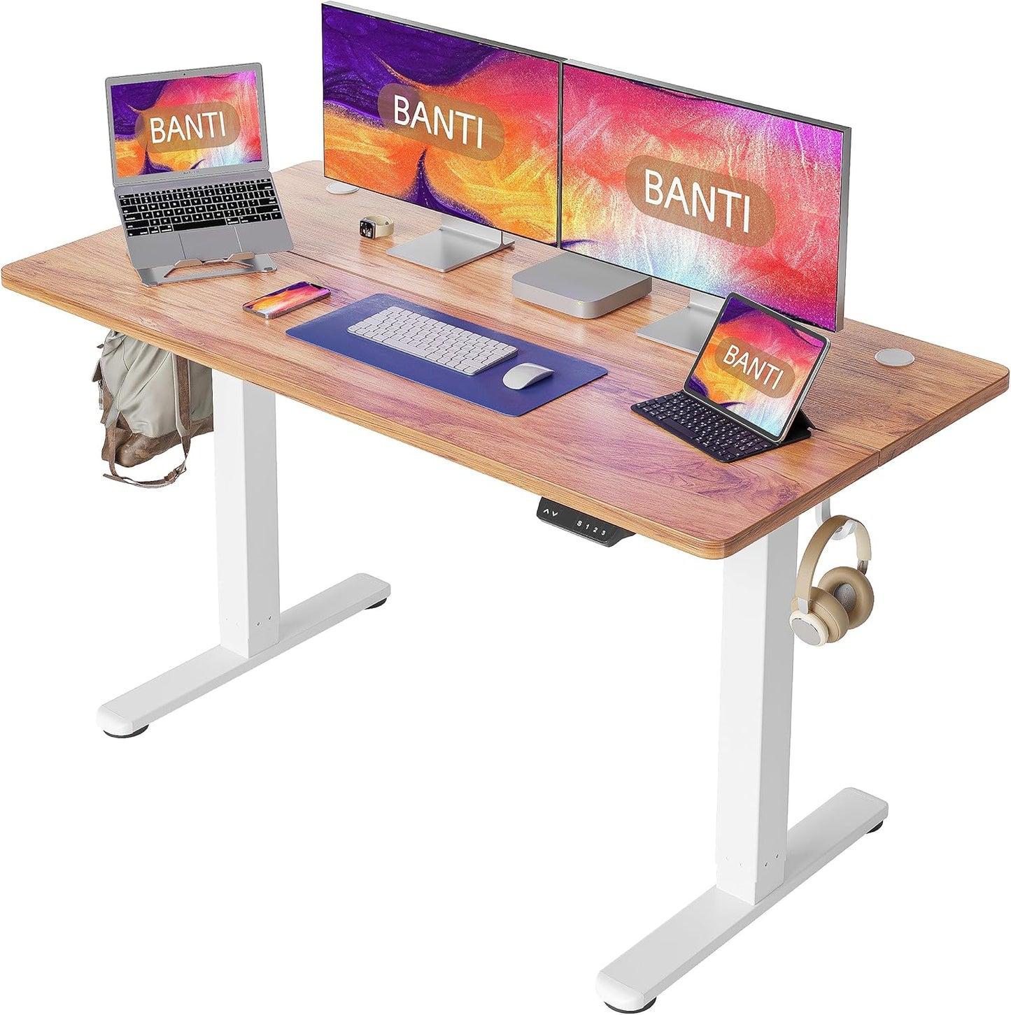 BANTI 55''x24''Height Adjustable Electric Standing Desk, Stand up Table, Sit Stand Home Office Desk with Splice Board, Rustic Brown Top