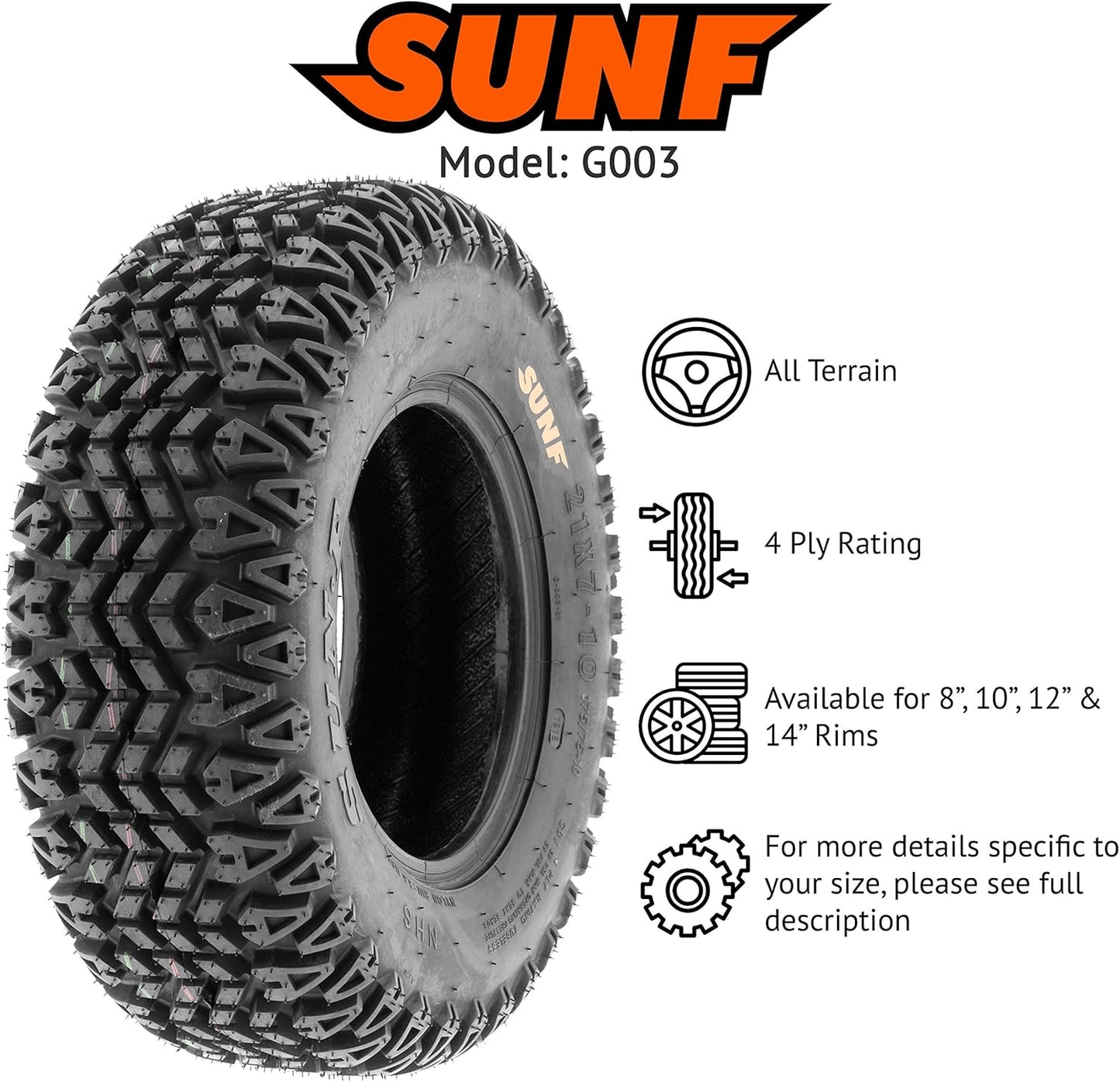 Set of 4 SunF G003 all-terrain 23x10.5-14 Front & 23x10.5-14 Rear ATV UTV Golf-Cart Turf Trail Tires, 4 Ply, Rim(s) NOT included