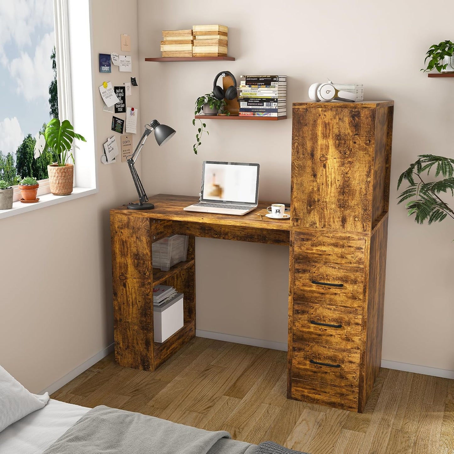 43 Inch Computer Desk with Power Outlets, Small Computer Desk with 3 Slide Drawers, Home Office Desk with 4 Storage Shelves, Gaming, Corner Work Desk for Home Office, Study (White)