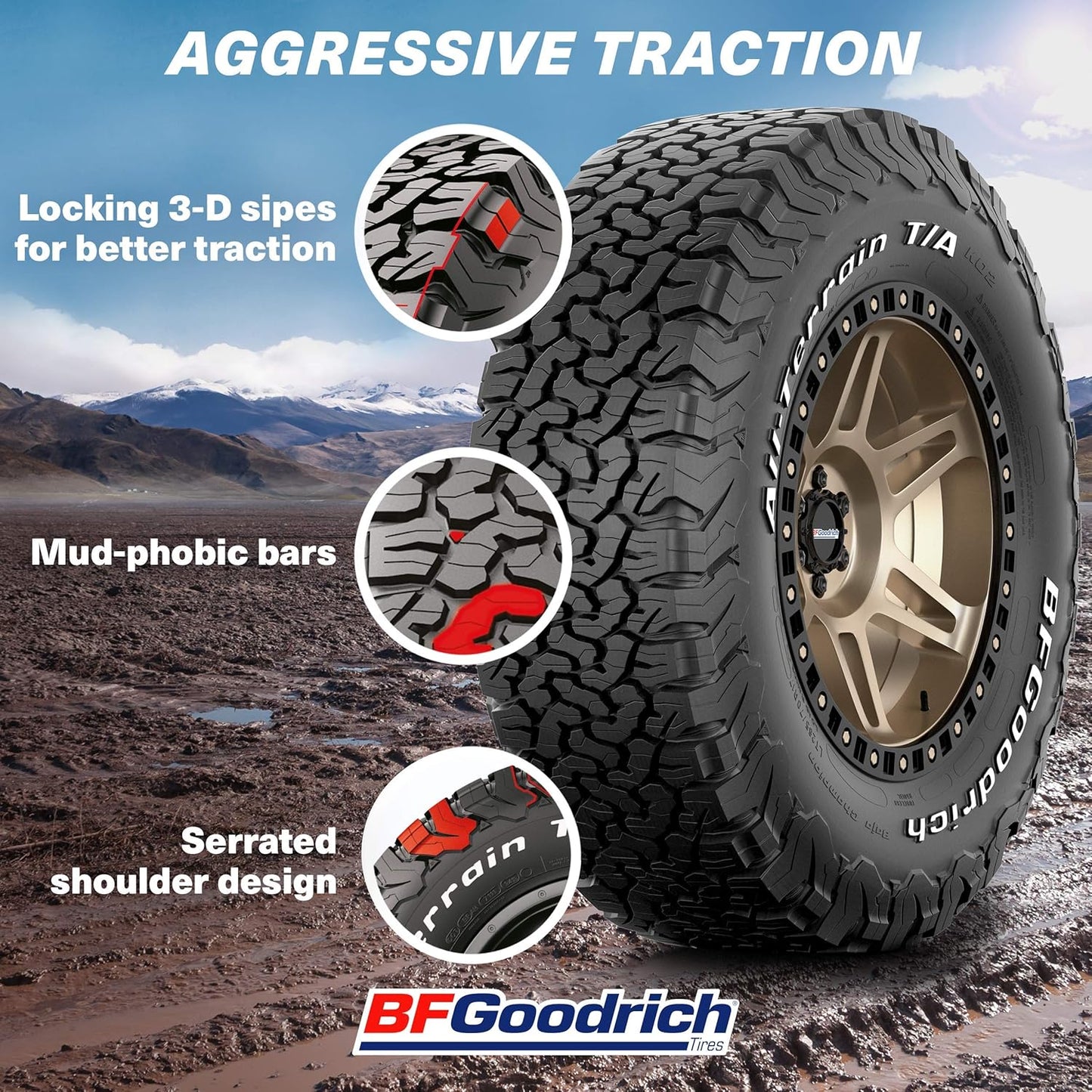 BFGoodrich All Terrain T/A KO2 Radial Car Tire for Light Trucks, SUVs, and Crossovers, 33x12.50R18/E 118S LRE
