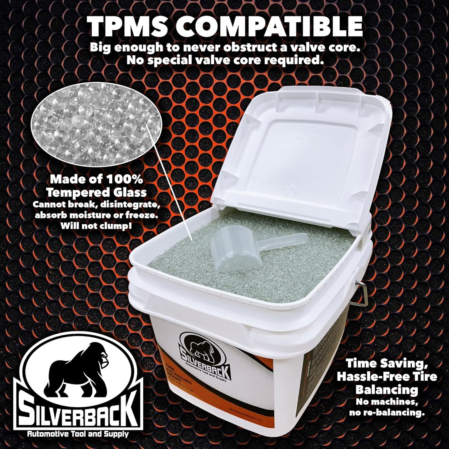 Silverback Automotive Tire Balancing Beads, Tempered Glass, Bulk Tub 17.6 lb. with Scoop for Truck, Van, RV, and Off-Road Tires. Perfect for Tire Dealers, Farm & Fleet, State, City and Municipalities.