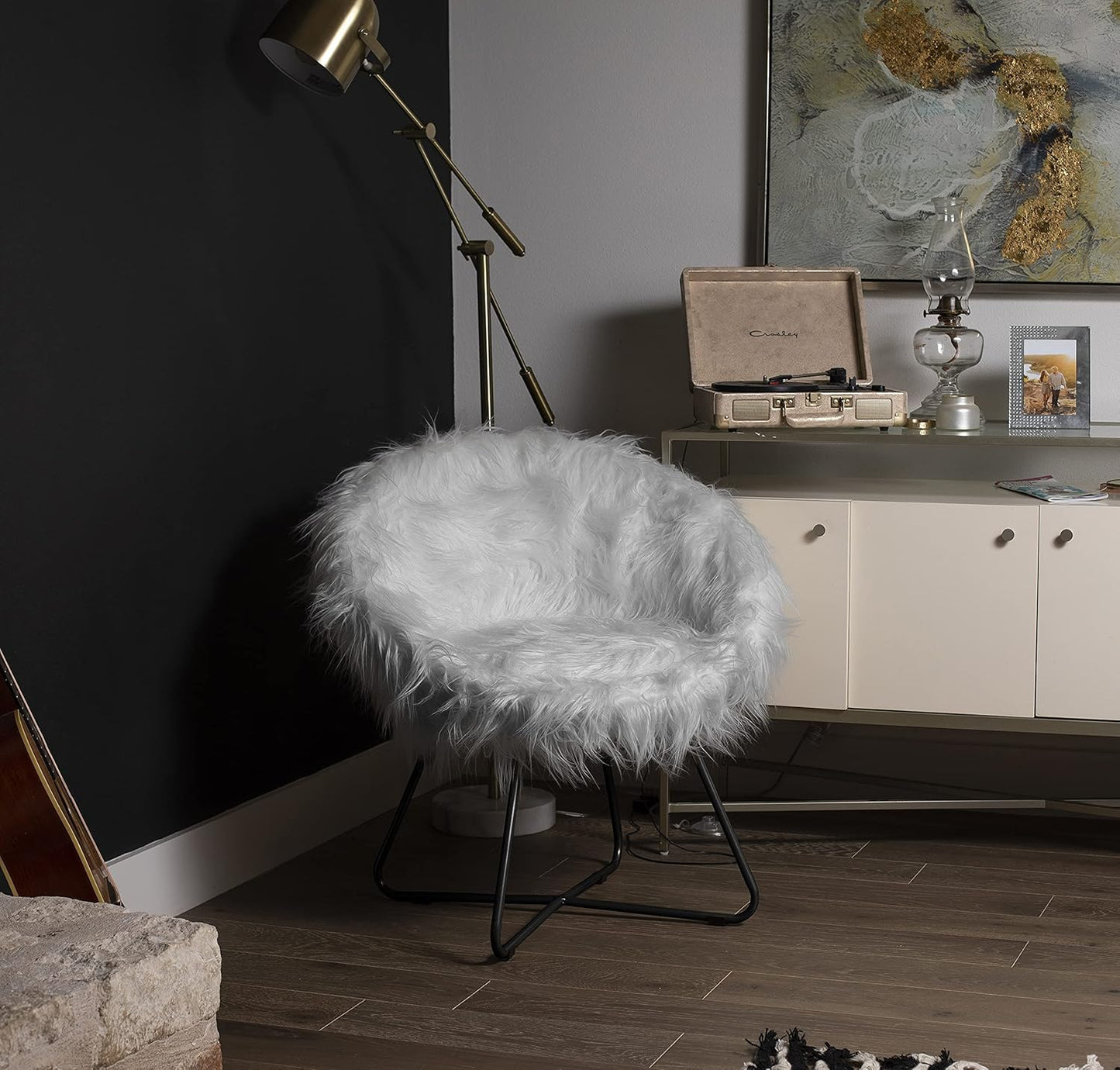 BIRDROCK HOME Faux Fur Papasan Chair with Black Legs - Luxuriously Soft & Lightweight - Wide Cushion Seat for Playroom, or Living Room - Moon Chair - Metal - Fluffy Round Seat - Circle - Grey