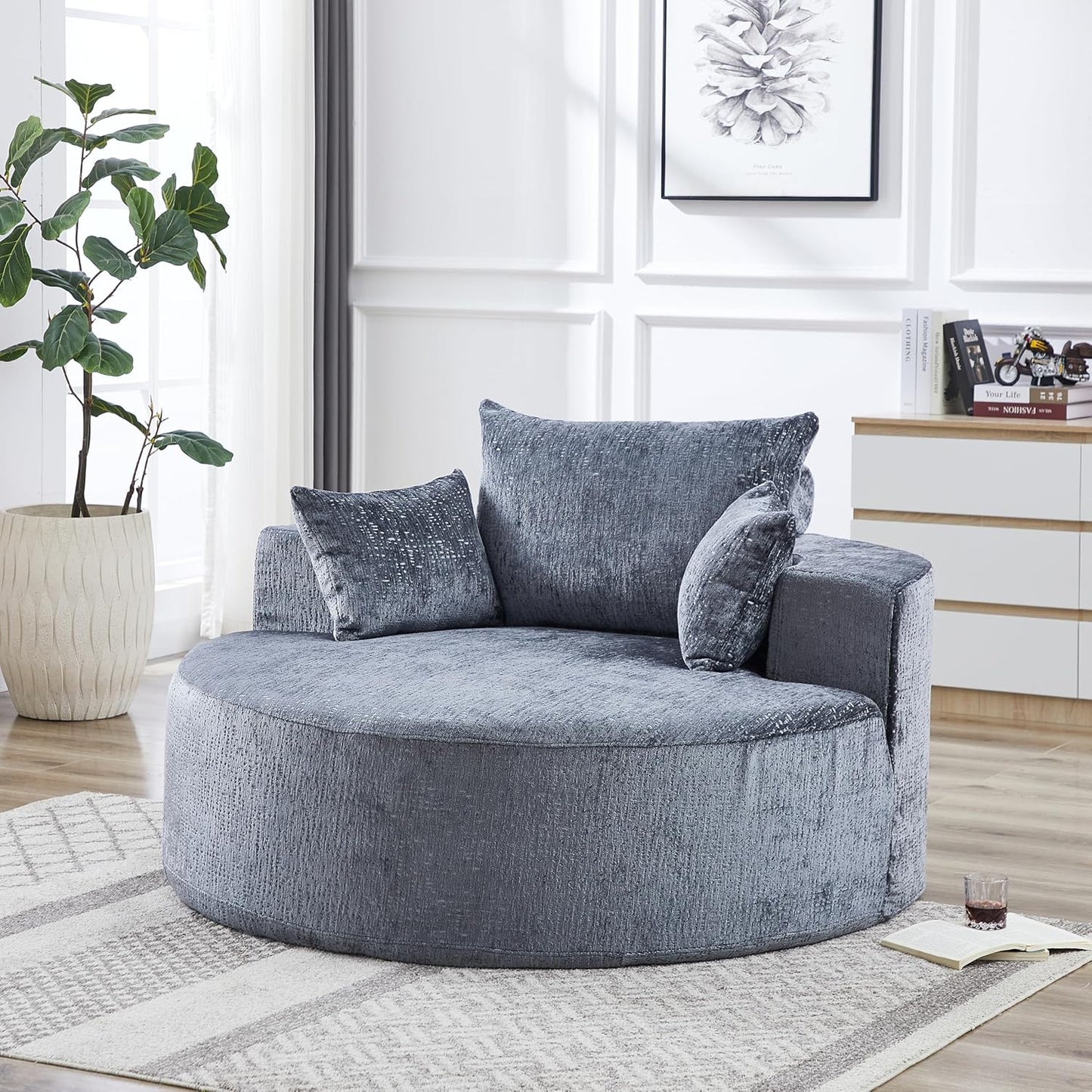 Ball & Cast 55" Oversized Accent Chair, Modern Chenille Single Sofa Sleeper with Wide Armrest and Pillows, Round Lounger Chair for Living Room, Bedroom,Projection Room,No Assembly Required,Beige