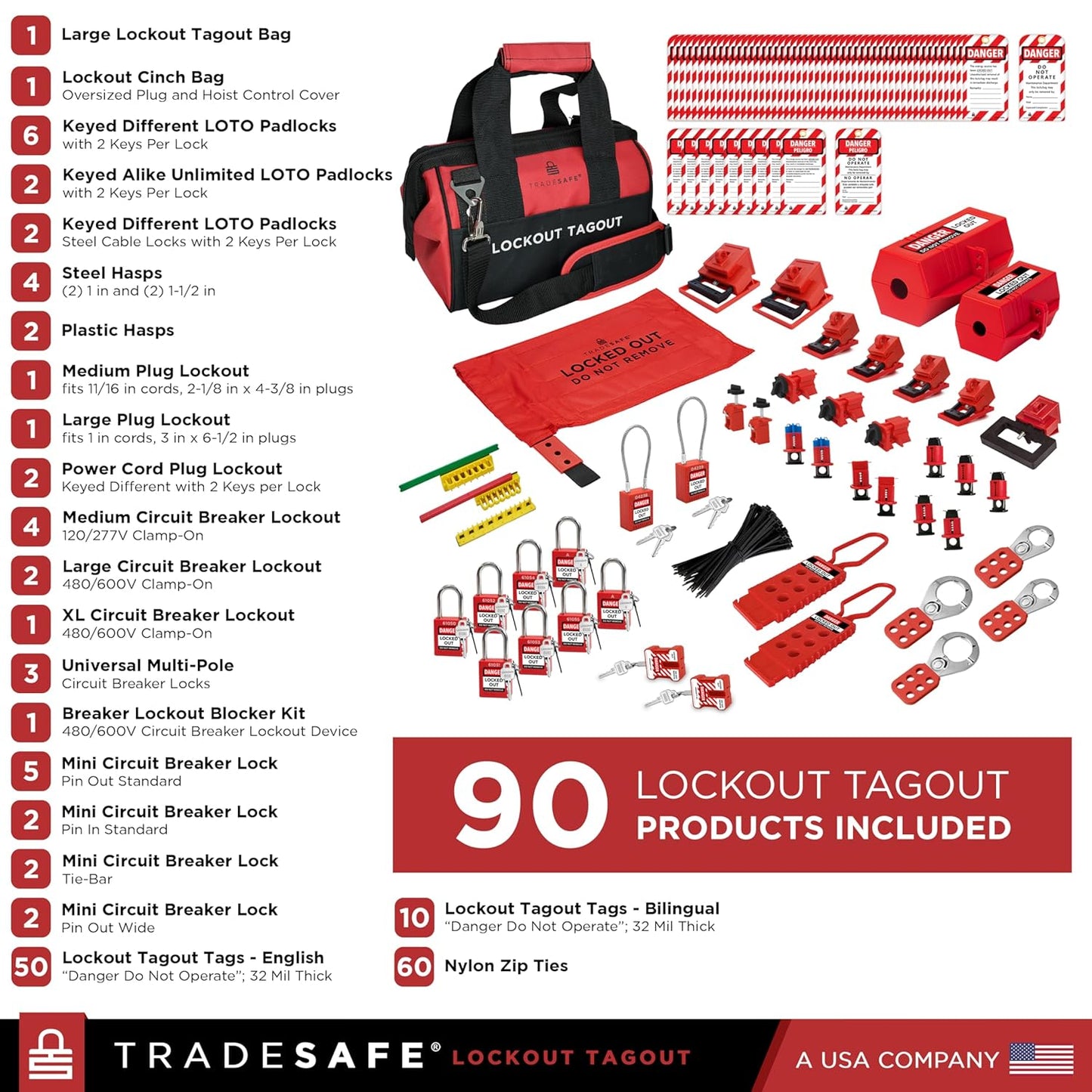 TRADESAFE Lockout Tagout Kit - 90 Loto Devices, Cable Lock, Loto Locks, Breaker Lockout Devices, Lock Out Tags, Plug Lock, Hasps, OSHA-Compliant Lock Out Tag Out Kits Electrical Tools