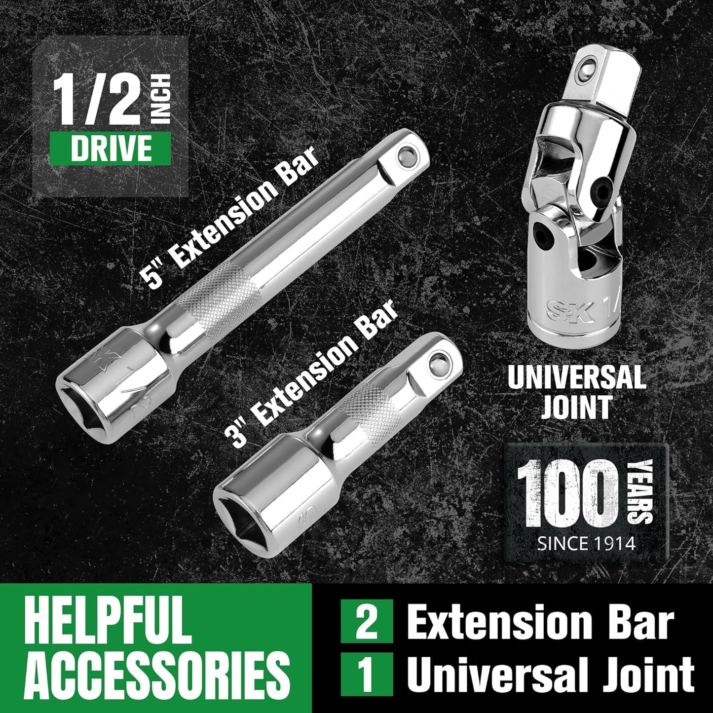 SK 1/2" Drive Socket Set with 160-P Ratchet, 34-Piece, SAE, SuperKrome Finish, Premium CR-V Construction, with EVA Foam Tool Organizer