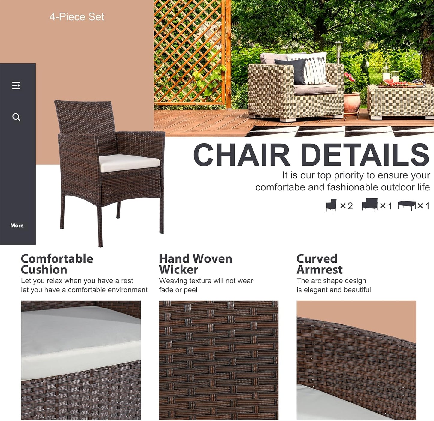 Shintenchi 4 Piece Outdoor Patio Furniture Set, Wicker Rattan Patio Conversation Set, Outdoor Chairs and Loveseat with Coffee Table for Porch, Yard & Poolside (Brown)