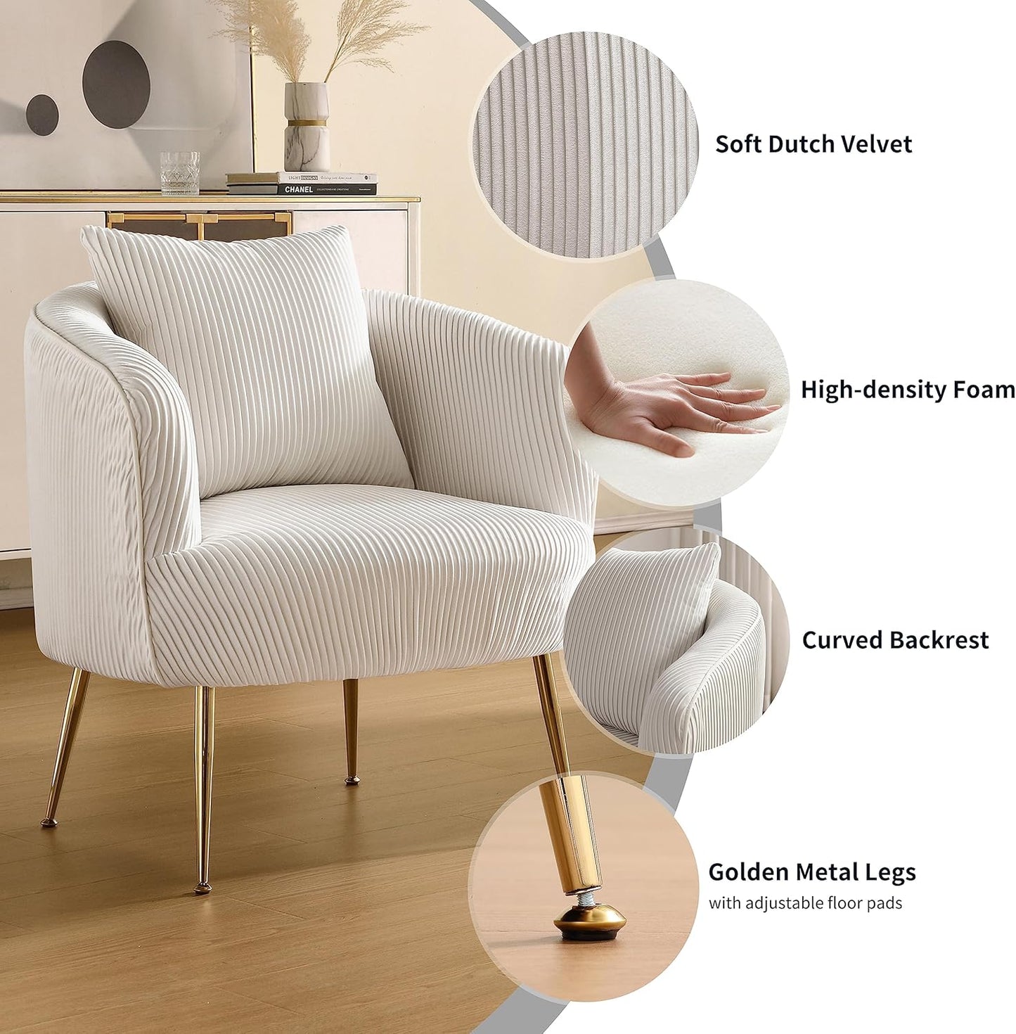 Art Leon Accent Chair Set of 2, Modern Velvet Upholstered Armchairs, Living Room Side Chairs Barrel Chairs with Golden Metal Legs, Off White