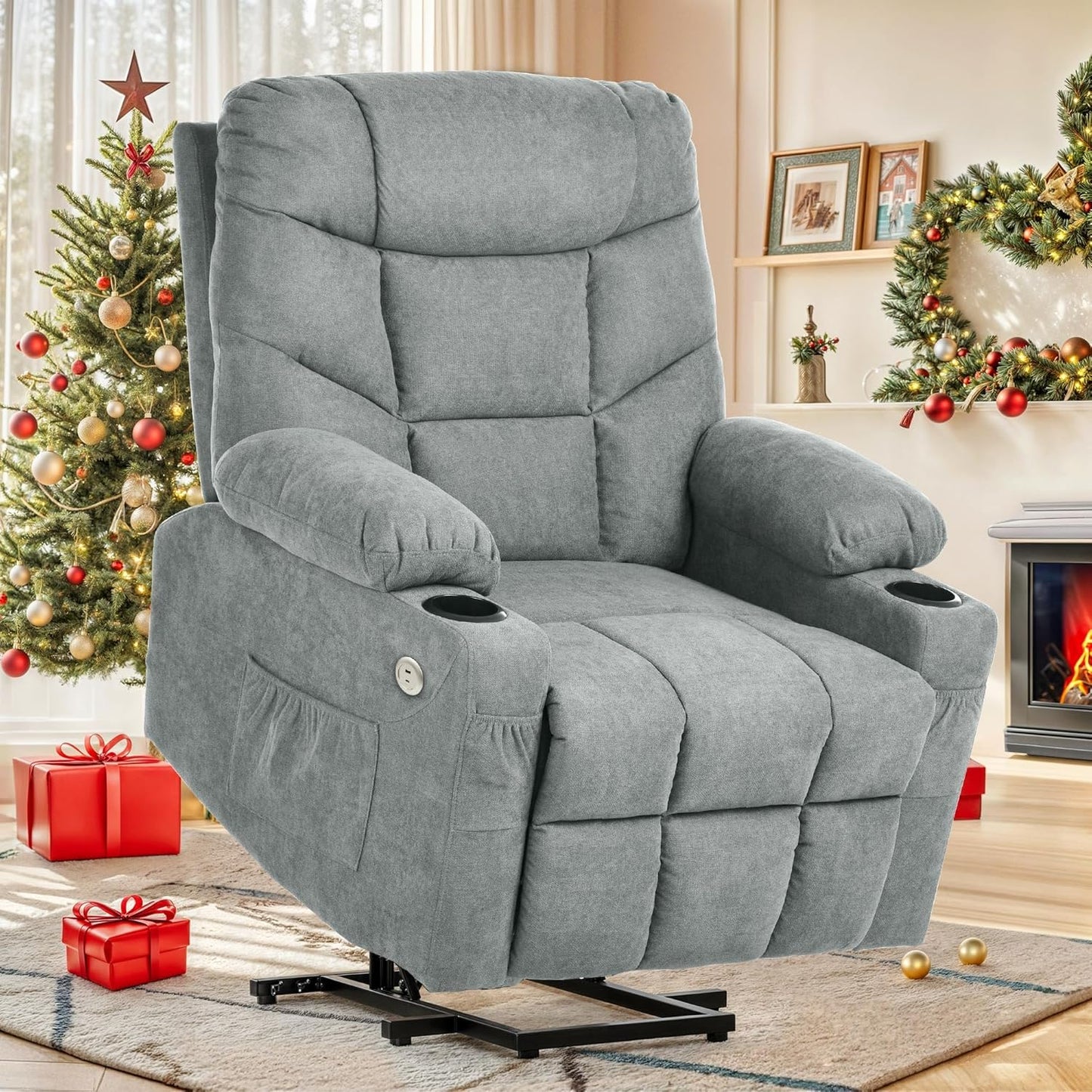 YITAHOME Power Lift Recliner Chair, Modern Fabric Recliner Chair with Massage and Heat, Spacious Seat, USB Ports, Cup Holders, Remote Control, Suitable for Living Room Dark Grey2
