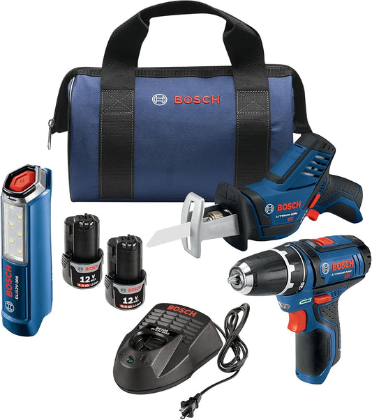 Bosch Power Tools Combo Kit GXL12V-310B22 - 12V Max 3-Tool Set with 3/8 In. Drill/Driver, Pocket Reciprocating Saw and LED Worklight