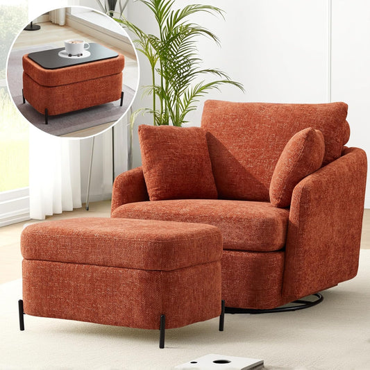 Sinzho & Wiyfun Oversized Swivel Accent Chair with Ottoman Upholstered Large Chenille Arm Chair with 3 Pillows for Living Room, Orange