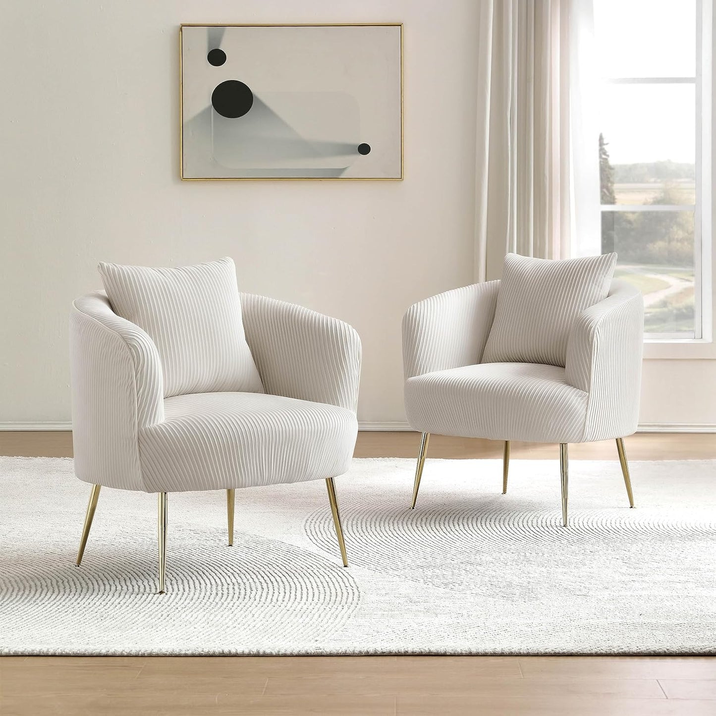 Art Leon Accent Chair Set of 2, Modern Velvet Upholstered Armchairs, Living Room Side Chairs Barrel Chairs with Golden Metal Legs, Off White