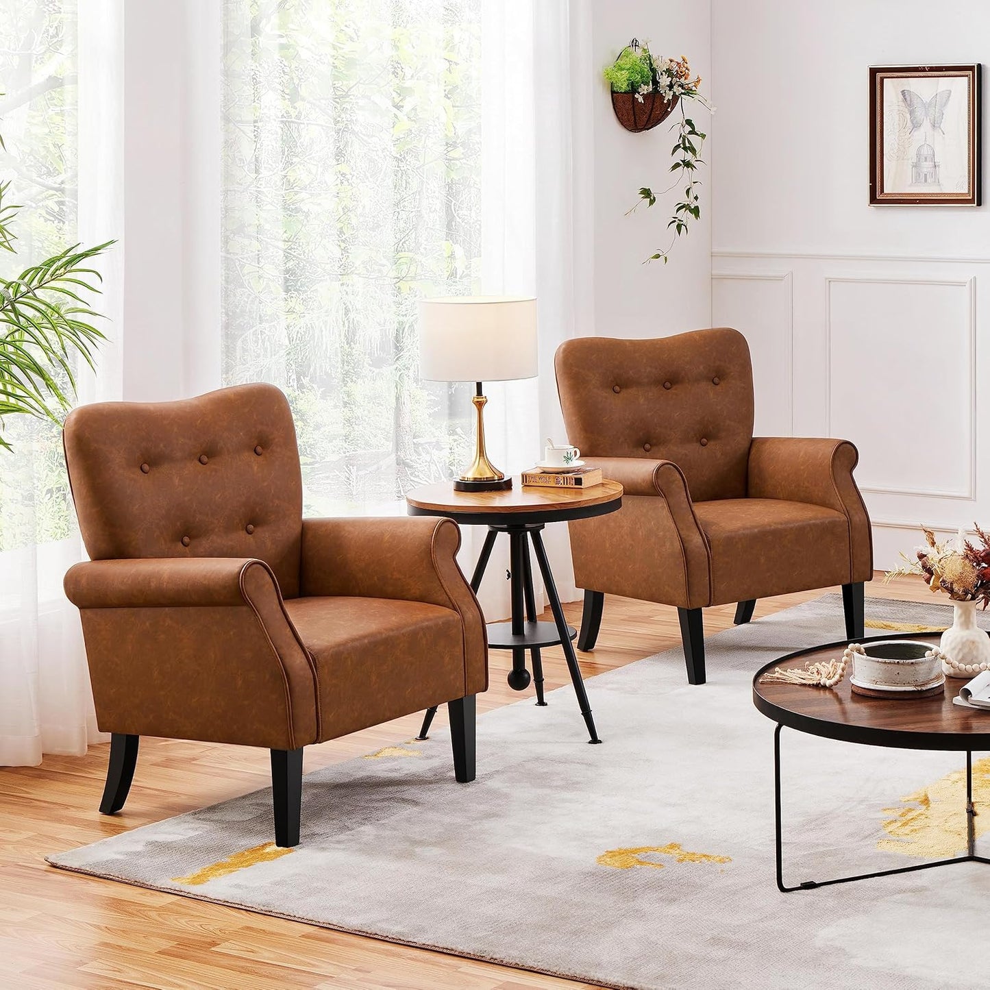 Topeakmart Fabric Accent Chair, Modern PU Leather Armchair with Wooden Legs, High Back and Comfortable Cushioned Seat for Living Room Bedroom Retro Brown 2 Piece