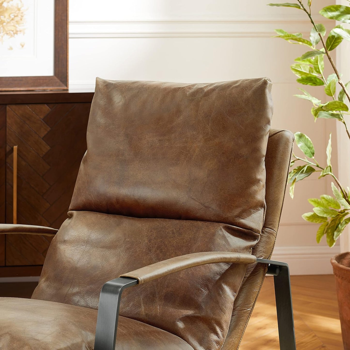 Art Leon Genuine Leather Accent Chair, Mid Century Modern Living Room Chair Lounge Chair with Black Metal Frame, Brown