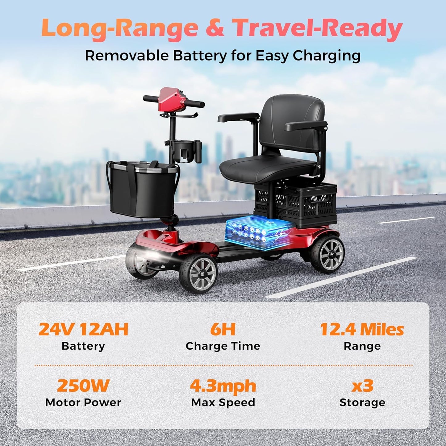 4 Wheel Mobility Scooter for Adults - Foldable Motorized Scooters 330 lb Capacity with Removable Battery, Dual Basket, Phone & Cup Holder, Red
