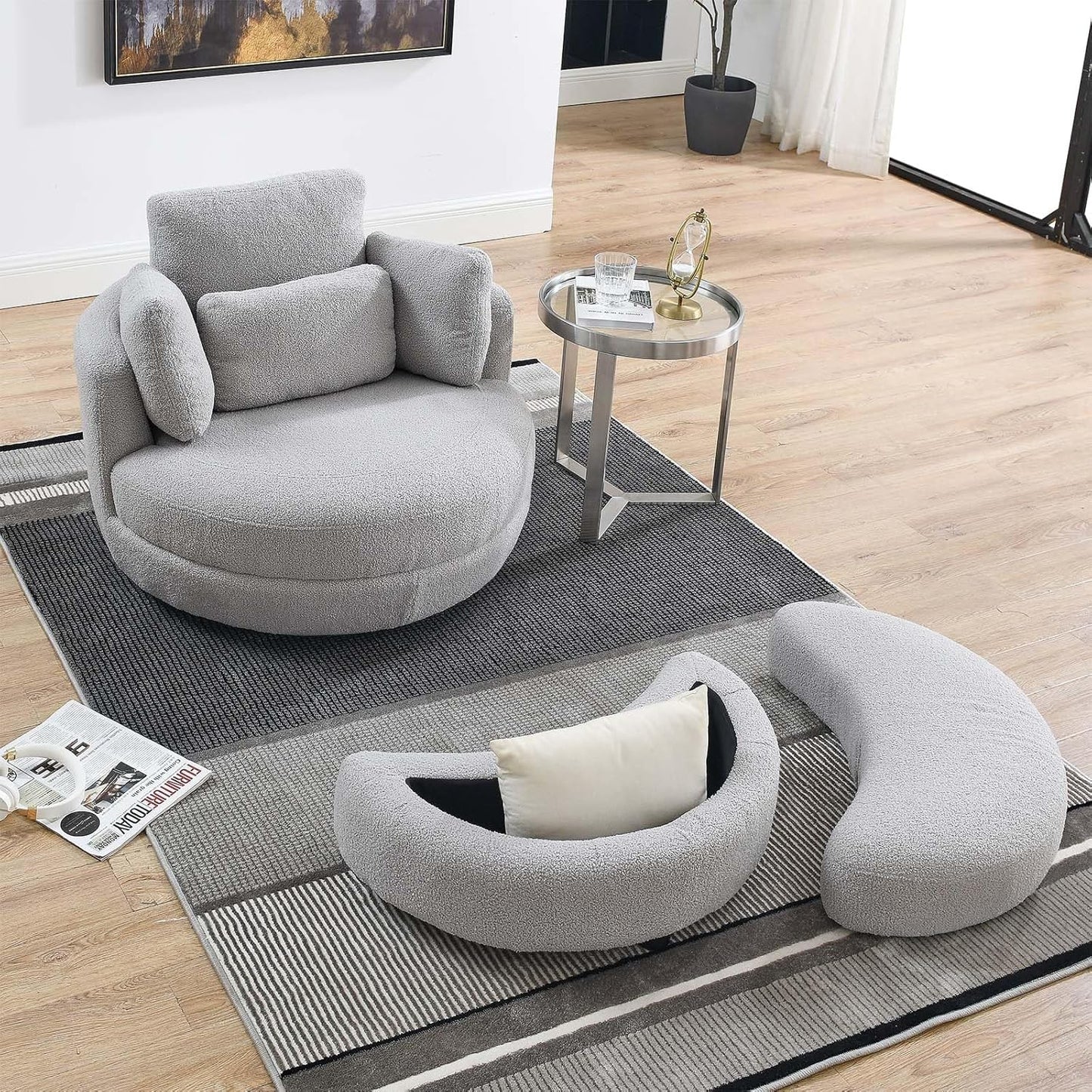 Antetek Swivel Barrel Chair with Storage Ottoman, Club 360 Degree Single Swivel Sofa, Modern Leisure Arm Chair with Head & Back Pillows for Nursery, Living Room, Office, Grey Teddy