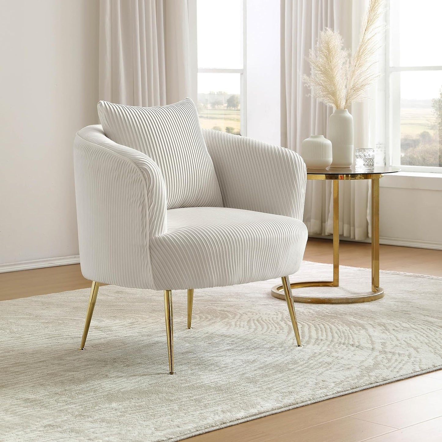 Art Leon Accent Chair Set of 2, Modern Velvet Upholstered Armchairs, Living Room Side Chairs Barrel Chairs with Golden Metal Legs, Off White