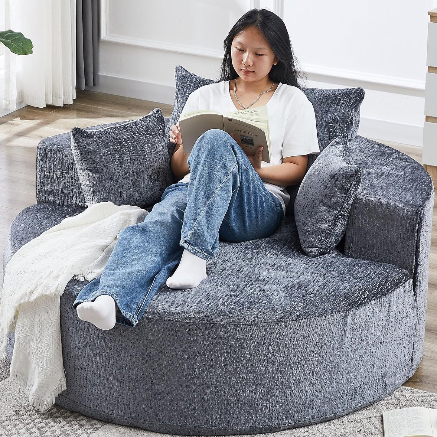 55" L Corduroy Sponge Single Sofa, Oversized Round Chair, Fluffy Modern Sleeper Chairs for Living Room, Lounge and Projection Room, Wide Armrest Lounge Chairs, Armchair with Pillow White