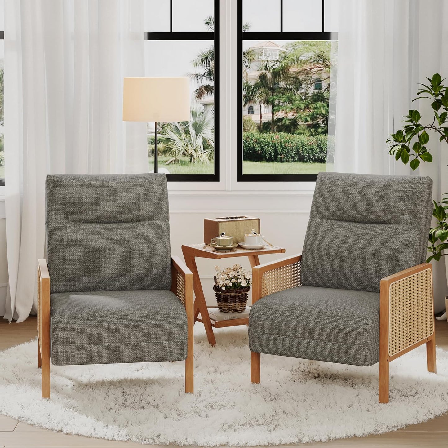 Alunaune Upholstered Natural Rattan Living Room Chairs Accent Chair Armchair Set of 2, Modern Slipper Club Chair Guest Reception Couch Comfy Single Sofa for Reading Bedroom-Taupe