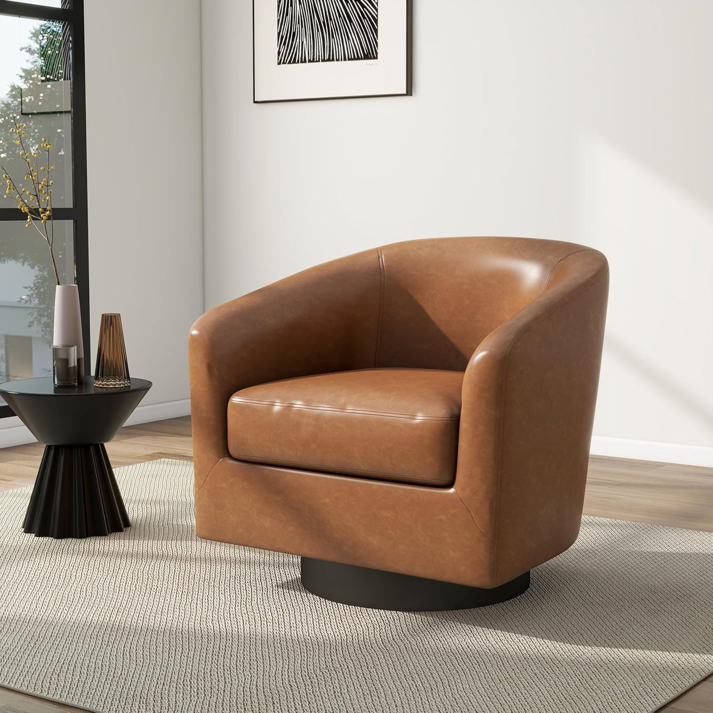 Swivel Barrel Chair, Modern Round PU Leather Accent Armchair for Living Room, Bedroom, Oversized Comfy Club Reading Chairs for Adults (Leather Red Brown, Set of 1)