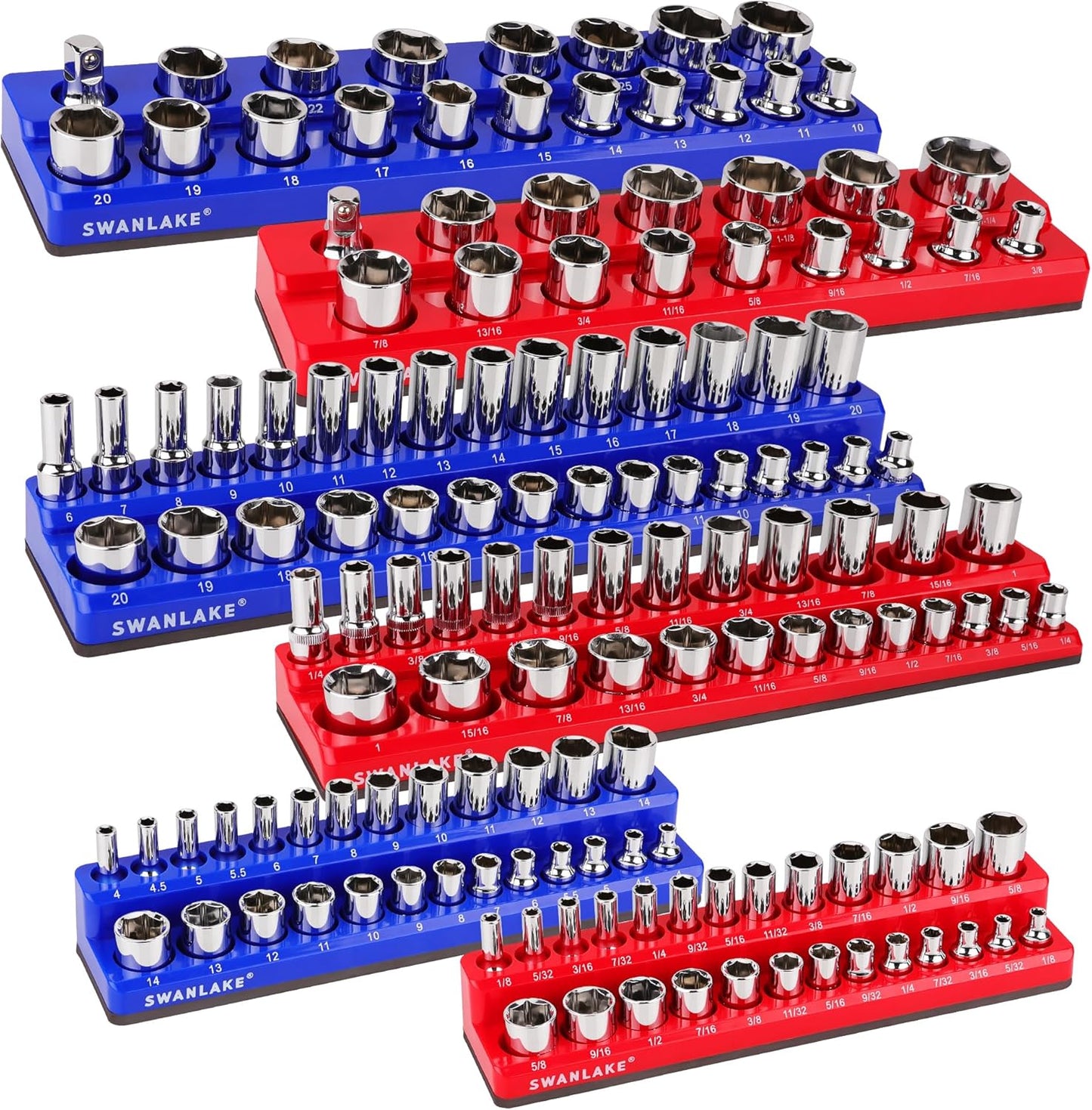 SWANLAKE Magnetic Socket Organizer Set, 1/4", 3/8", 1/2" Sockets Holds 286 Pieces Magnetic Socket Trays (Blue&red&black&green, 12 Pcs)