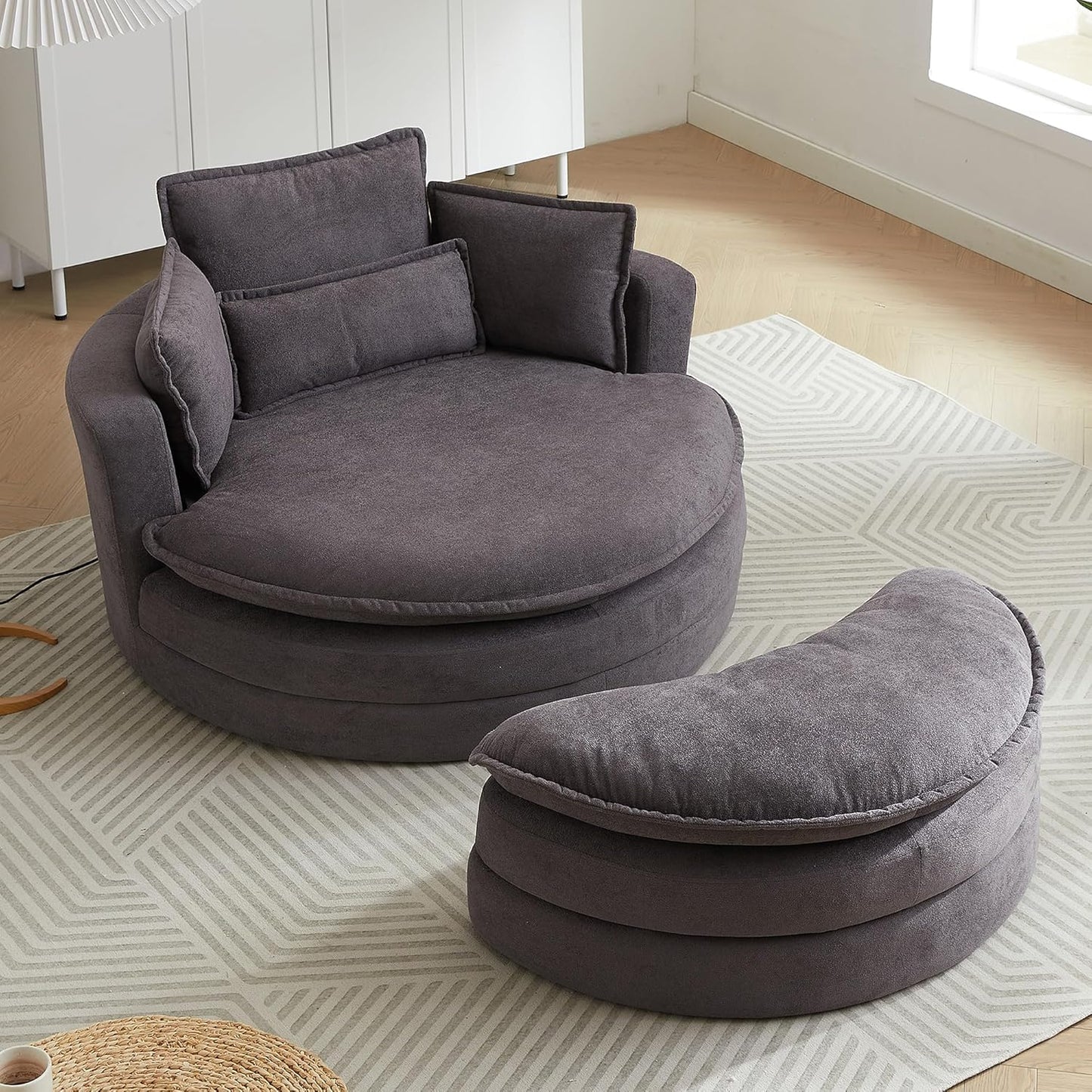52'' Accent Swivel Barrel Chair with Storage Ottoman,Modern Oversize Round Swivel Leisure Armchair for 4 Pillows, Chenille Fabric for Living Room,Hotel,Club Lounge Chair,Grey…