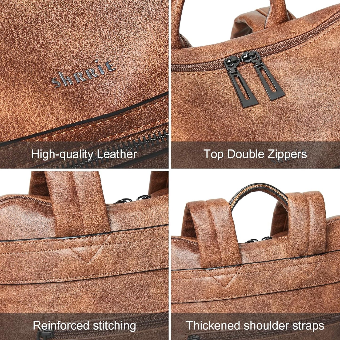Shrrie 15.6 inch Laptop Backpack for Women,Large Leather Backpack Purse,Travel,Carry on,Water Resistant Casual Laptop Backpacks,College Backpack,Work Backpack for Women,Two-toned Brown
