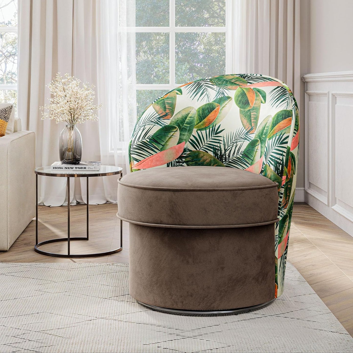 BELLEZE Swivel Barrel Chairs Set of 2, Modern Round Accent Chairs Floral Pattern Upholstered 360 Degree Swivel Armchairs for Living Room Bedroom - Grove (Brown & Floral)