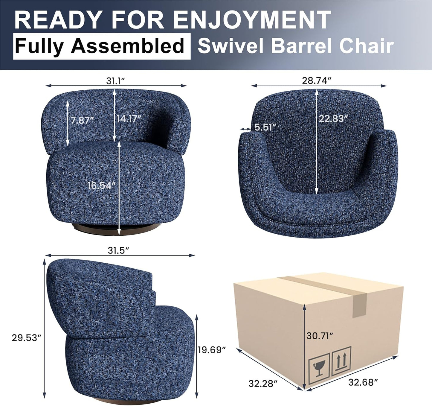 Swivel Accent Chair, Fully Assembled Round Barrel Chairs, Oversized Upholstered Armchair with 360-Degree Base, Modern Club Chair for Living Room, Bedroom, Office, Blue