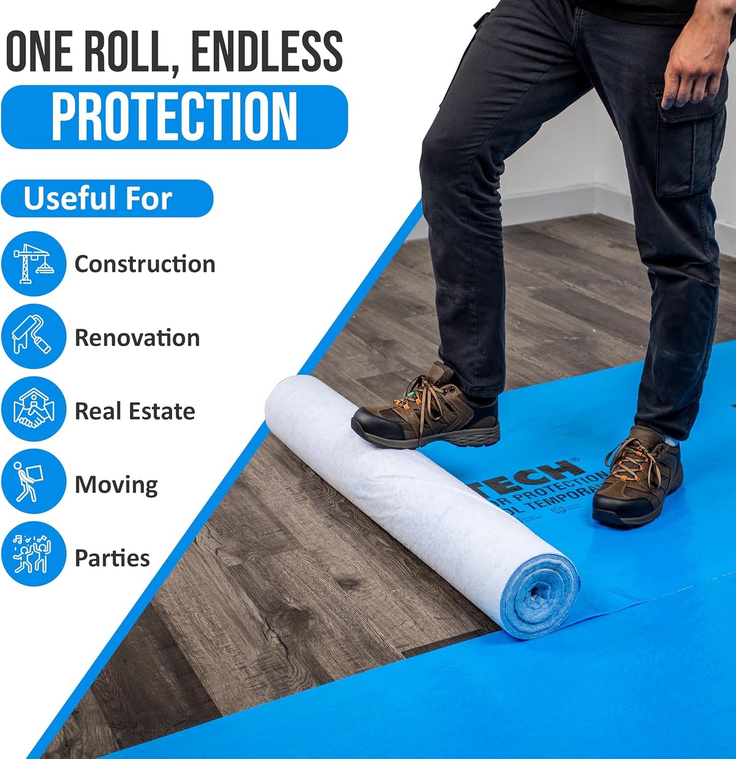 Temporary Floor Protection for Renovation, Painting, Construction - 40" x 45 ft, Covers 150 sqft