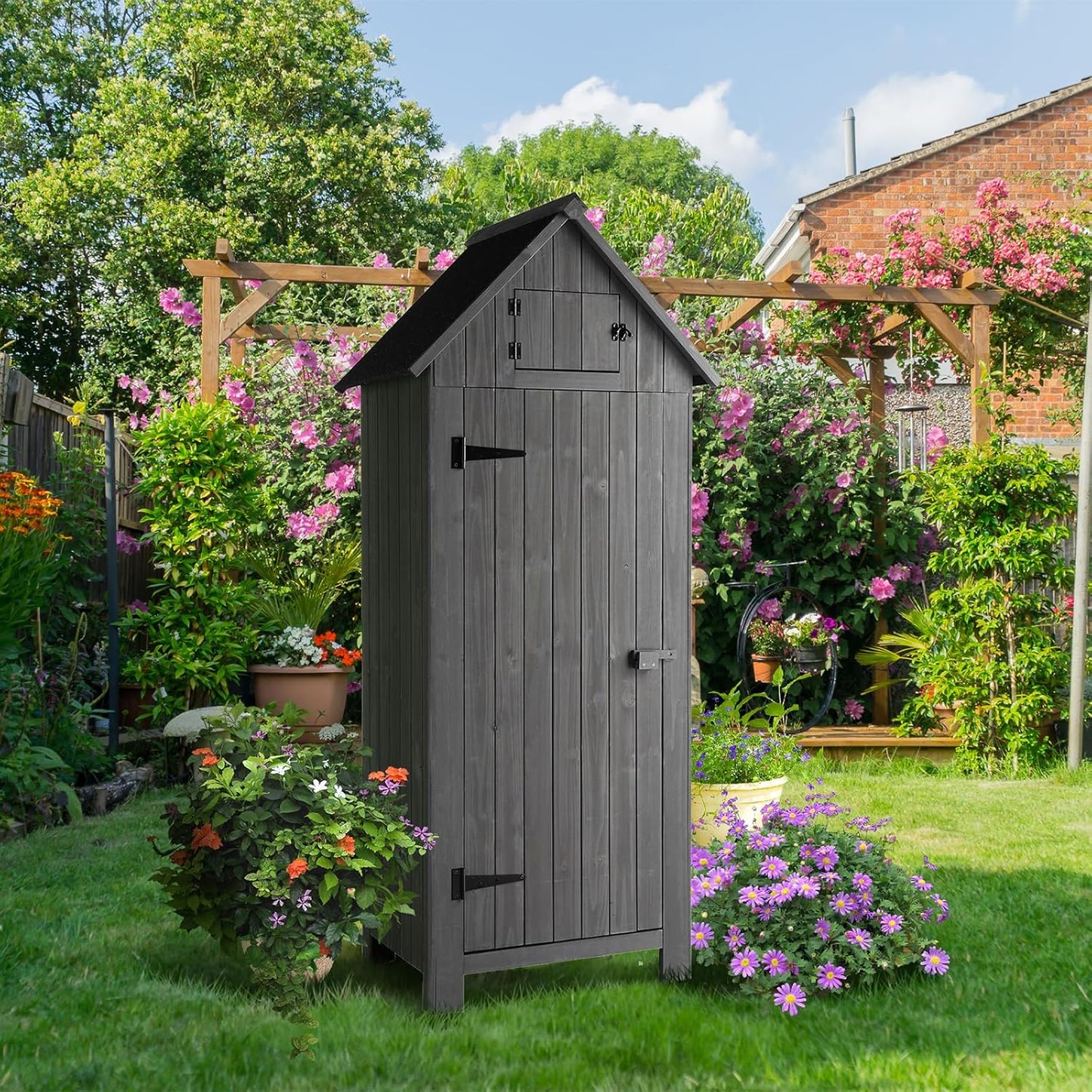 VINGLI Outdoor Wooden Storage Shed, Garden Shed Outside Tool Cabinet with Safety Latch, Patio Storage Organizer (Dark Grey)