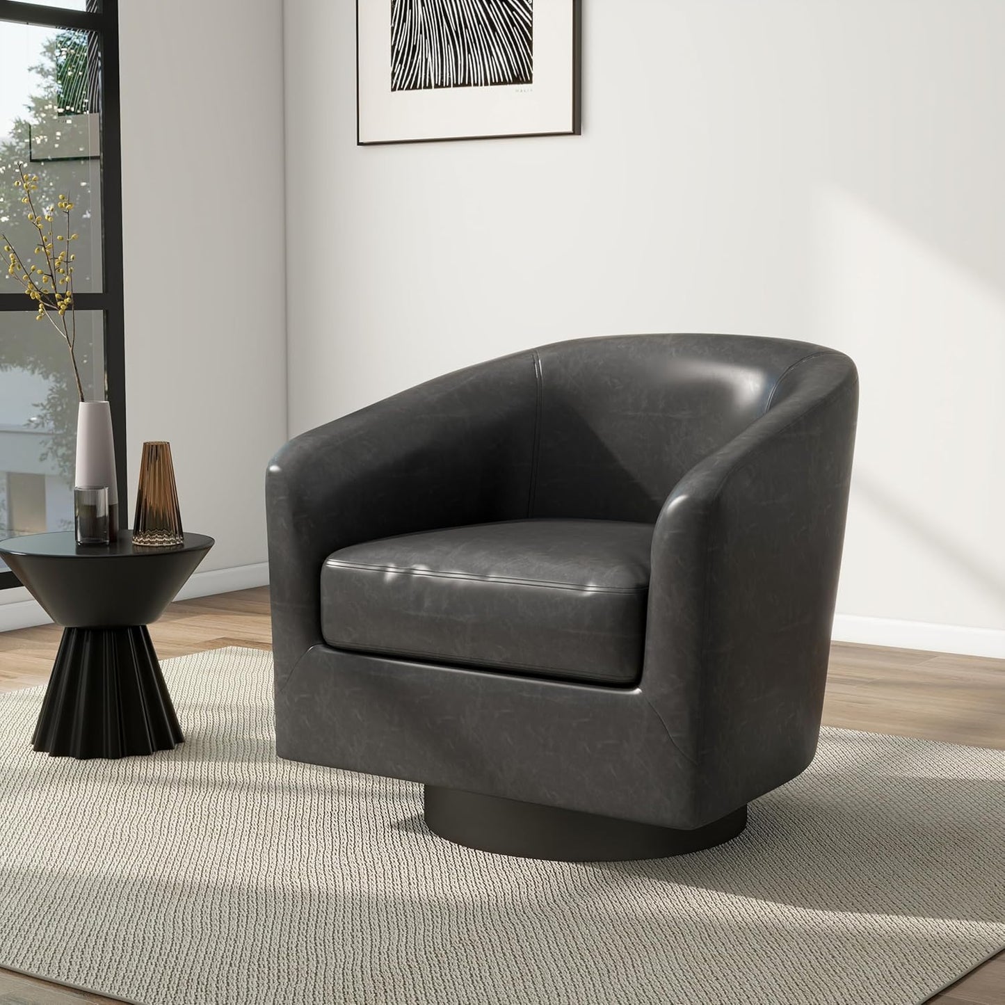 Swivel Barrel Chair, Modern Round PU Leather Accent Armchair for Living Room, Bedroom, Oversized Comfy Club Reading Chairs for Adults (Leather Red Brown, Set of 1)