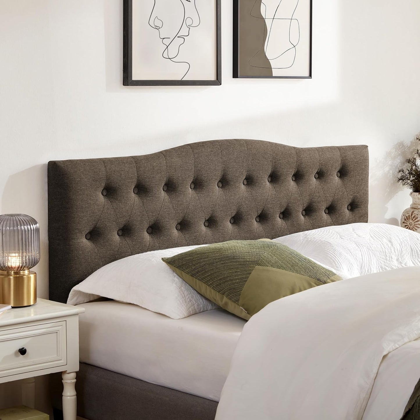 Tufted Upholstered Headboard Queen Size, Sturdy and Durable Solid Wood Bed headboard, Fabric Headboard Adjustable Height from 37” to 51”, Modern Button Diamond Design Head Board, Beige