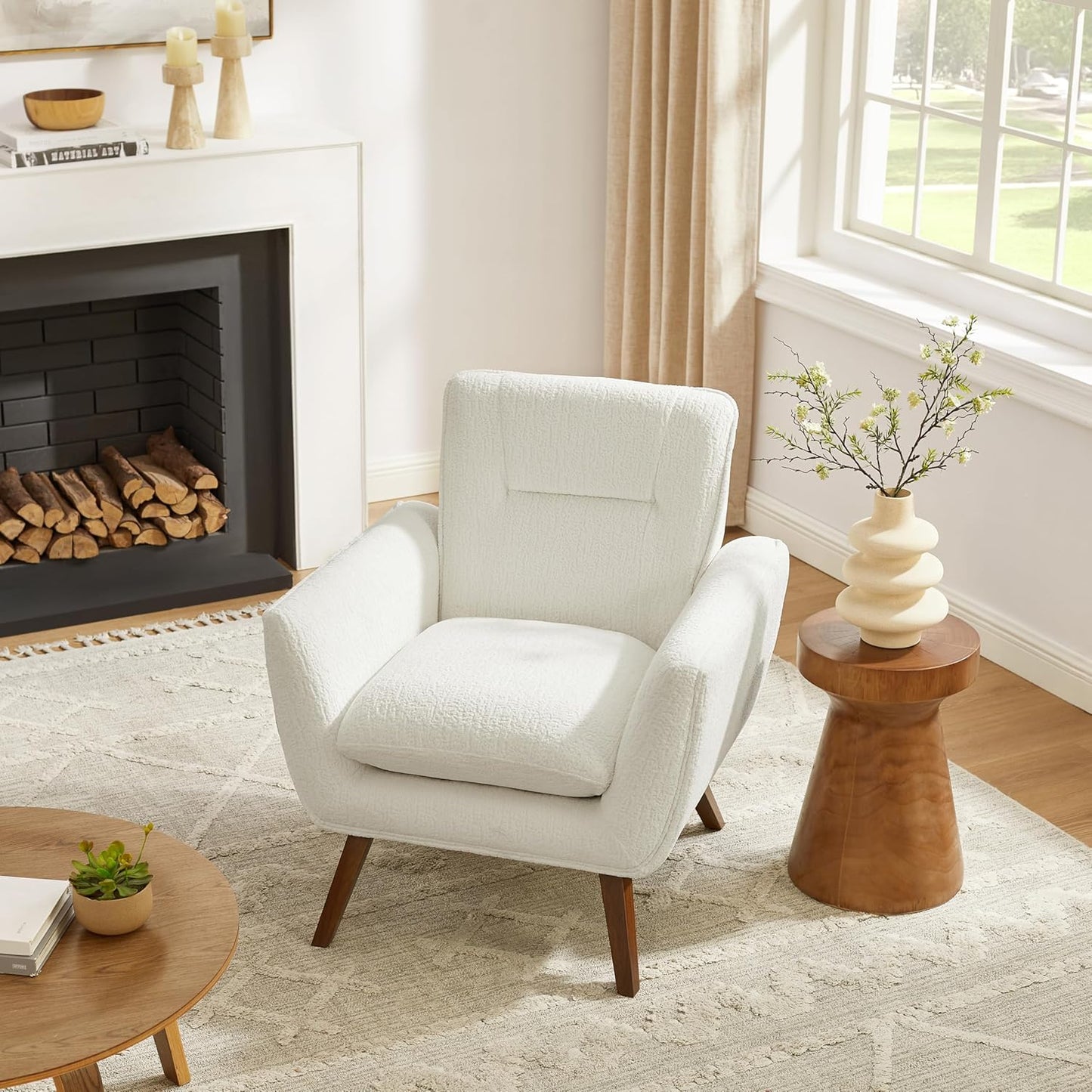 Art Leon Modern Accent Arm Chair - Fabric Upholstered Single Sofa Lounge with Wood Grain Metal Legs for Living Room Bedroom, White