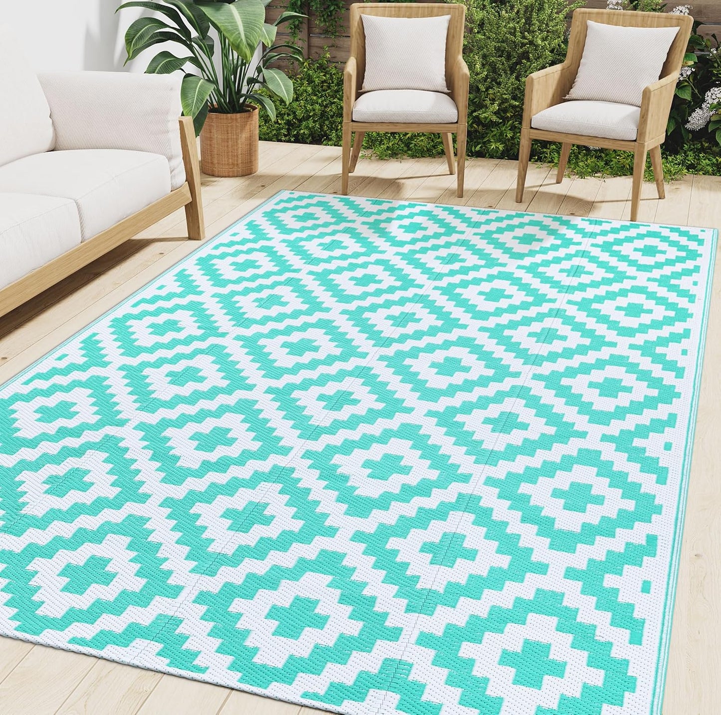 Smiry Waterproof Outdoor Rug 5x8 ft, Reversible Plastic Straw Patio Camping Rugs, Outdoor Indoor RV Mat Carpet for Patio, Outside Entry, Backyard, Deck, Bench, Picnic, Camper, Black & Beige