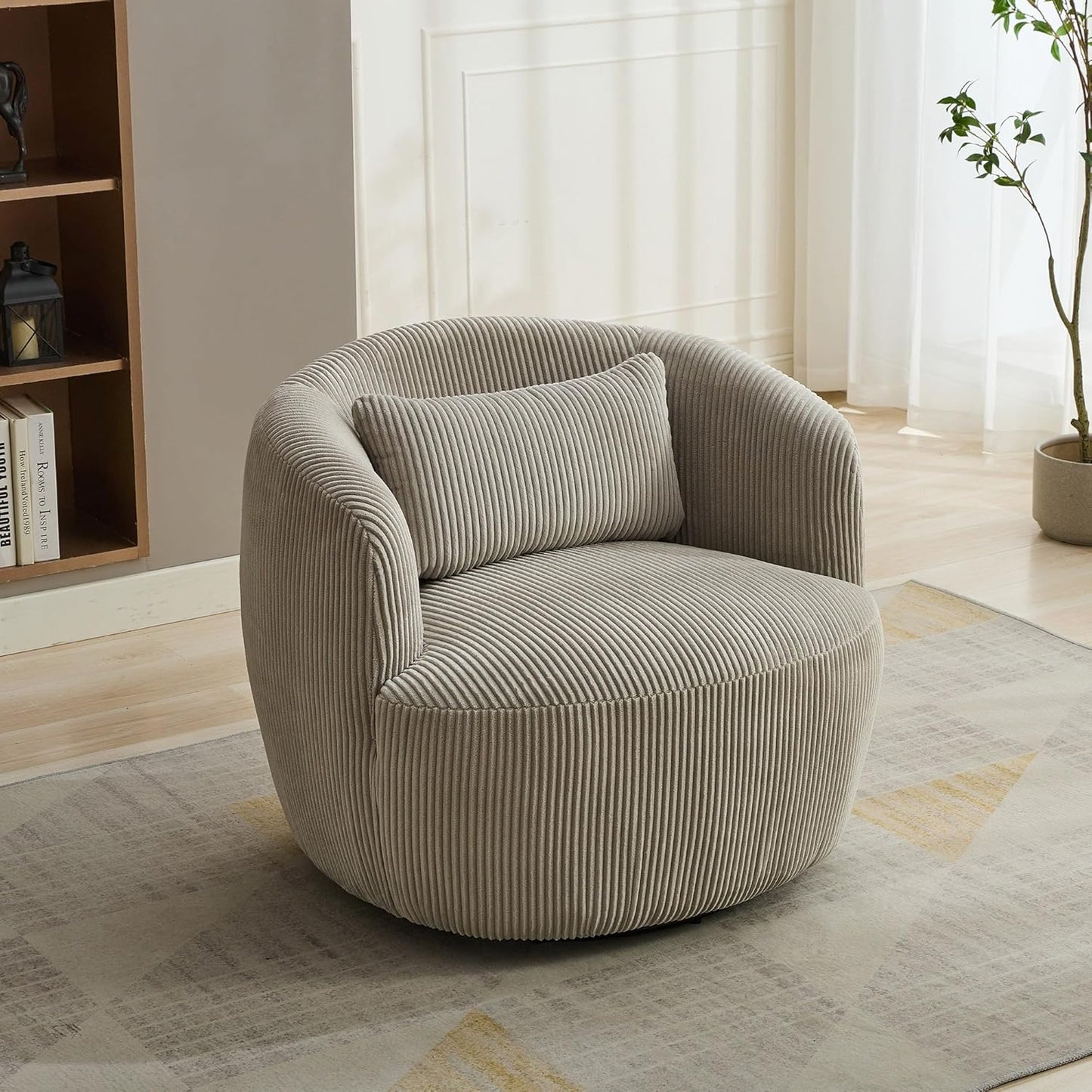 Aoiy & Wifon 34.25" W Swivel Barrel Chair, Upholstered Round Small Accent Chair, Single Comfy Barrel Chair for Living Room, Corduroy, Ivory