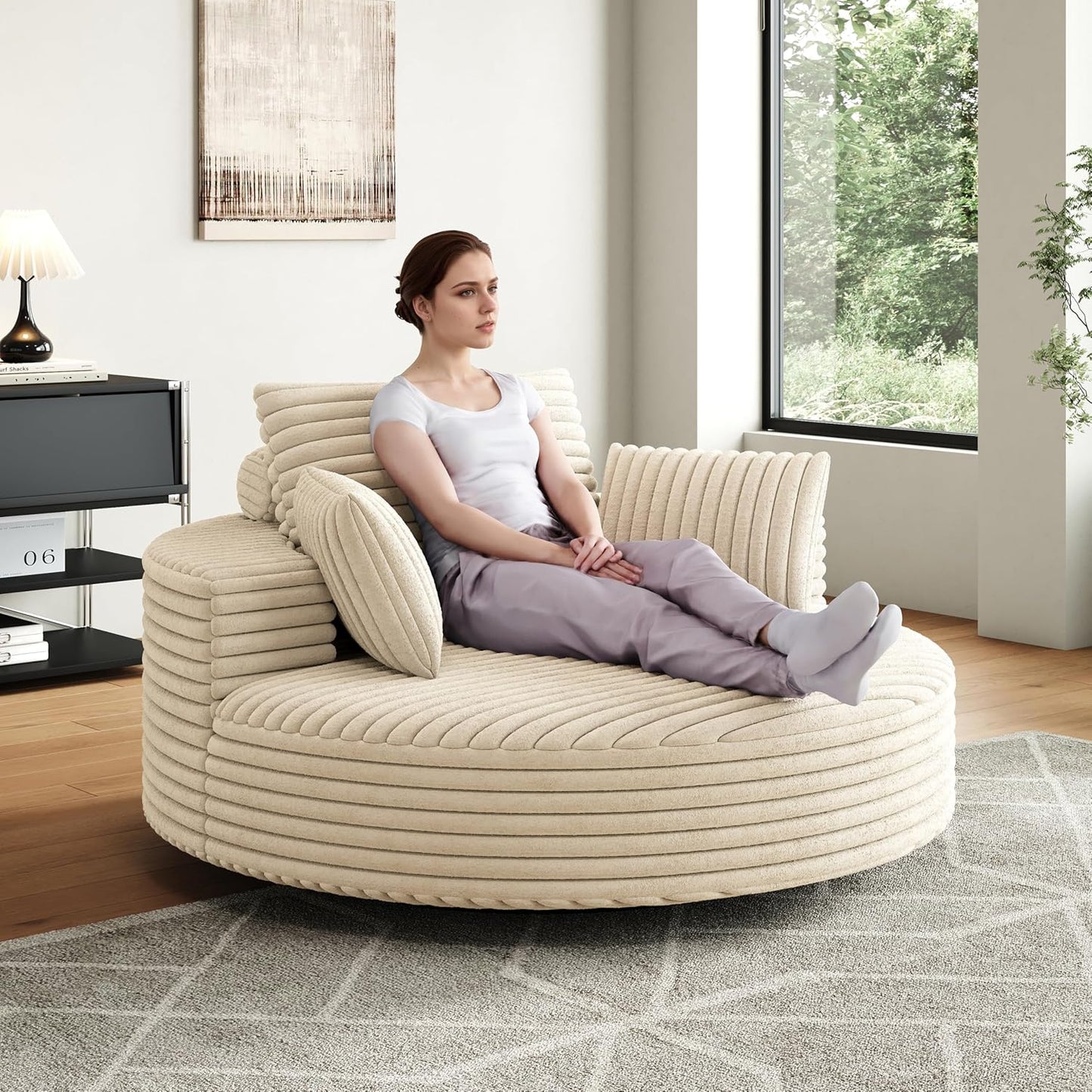 55.1” Oversized Round Swivel Barrel Chair, Large Upholstered Accent Sofa Chair with 3 Pillow, Comfy Chenille Cloud Circle Reading Chaise Lounge Indoor for Living Room, Bedroom,Apartment,Green
