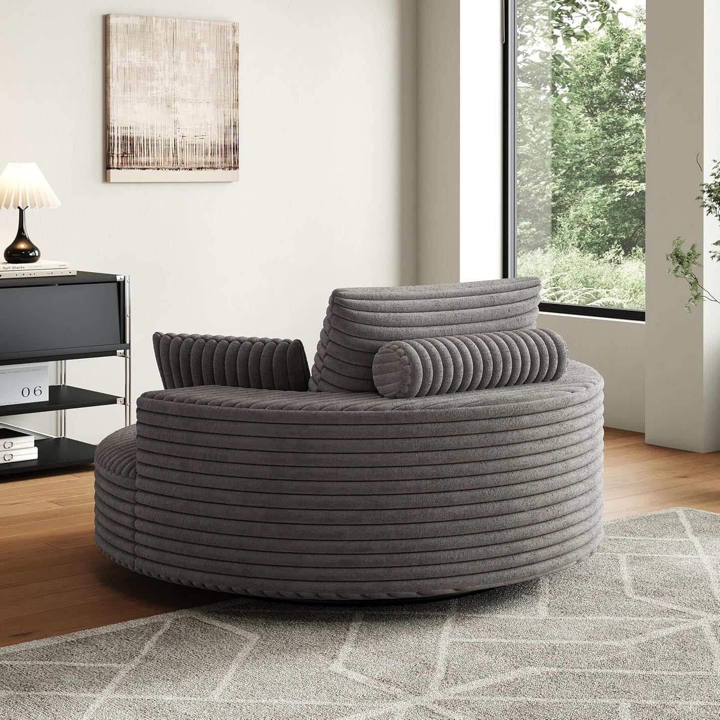 TTK 55” Oversized Corduroy Swivel Chair, Fluffy 360° Rotating Sleeper Armchair with Pillows & Headrest, Full Foam Barrel Chair for Living Room, Bedroom, Reading Nook, Lounge or Apartment,Gray