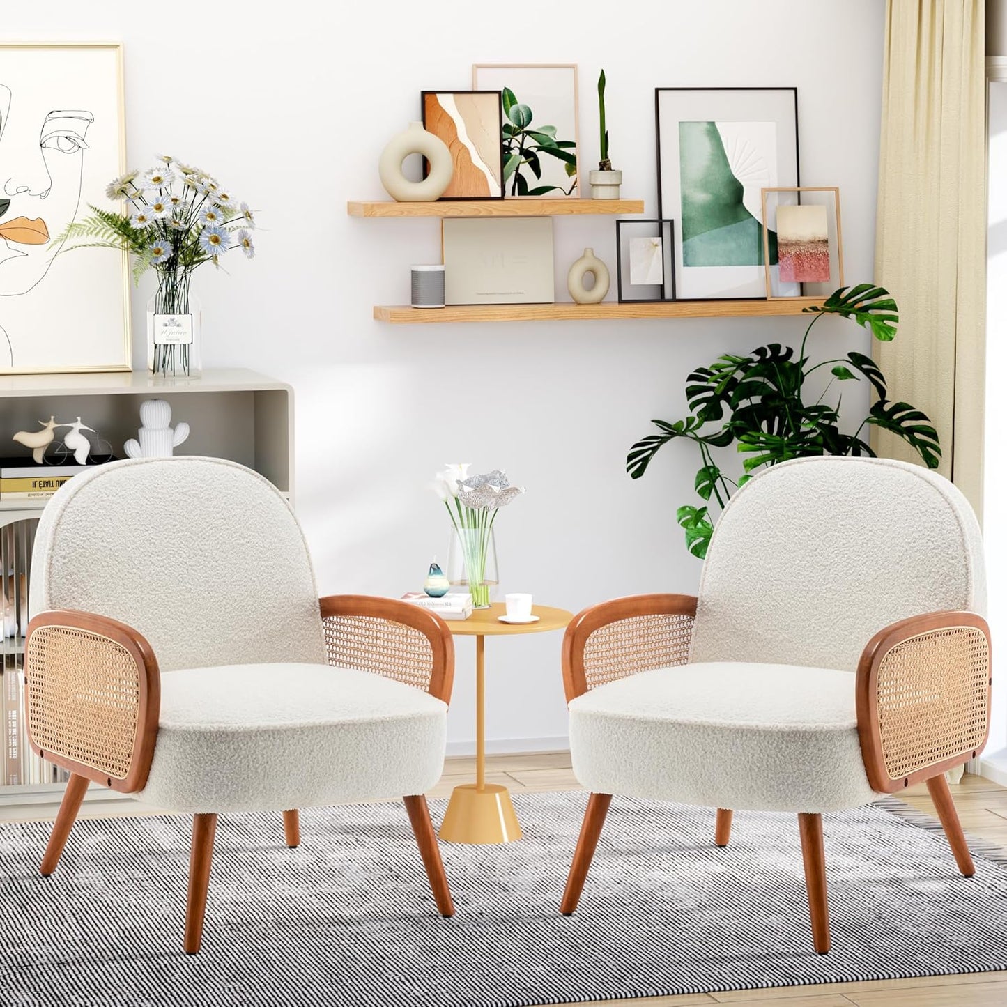Aklaus Mid Century Modern Accent Chair Set of 2 Upholstered Rattan Arm Chairs Sherpa Teddy Fabric Reading Chairs for Living Room Bedroom Balcony Hobo Accent Chairs Side Chairs Club Chairs White