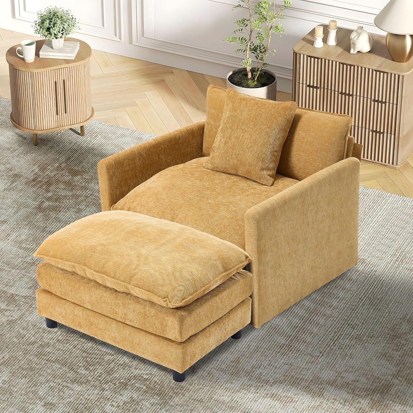 TTK Oversized Corduroy Chaise Lounge Chair with Ottoman - 46.9" Wide Modern Sleeper Sofa for Living Room, Bedroom & Office - Deep Seat Sectional Couch with Pillow, Comfortable Reading Chair, Beige