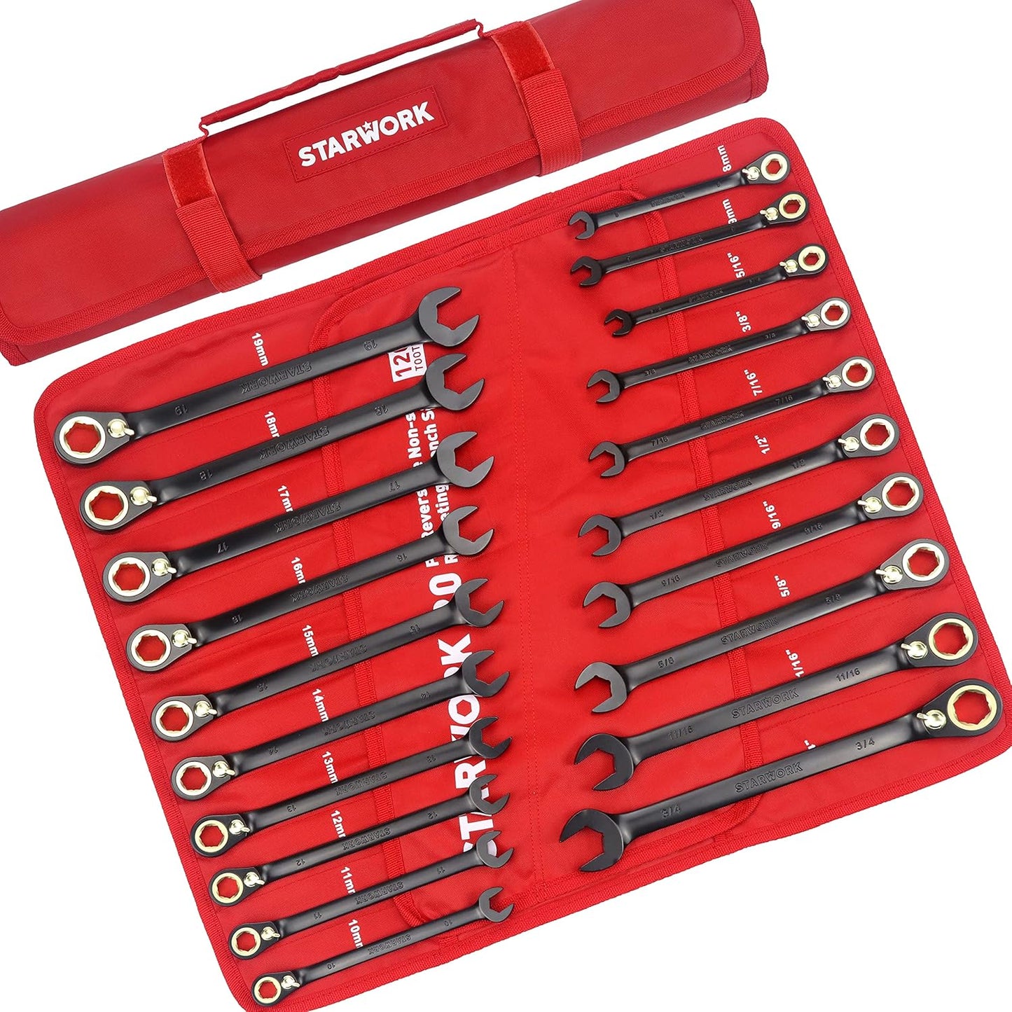 TRUE MECHANIC™ 20 Pc. 120T Reversible Ratcheting Combination Wrench Set, Long Pattern, SAE, Metric, Professional, With Portable Roll-Up Pouch Bag